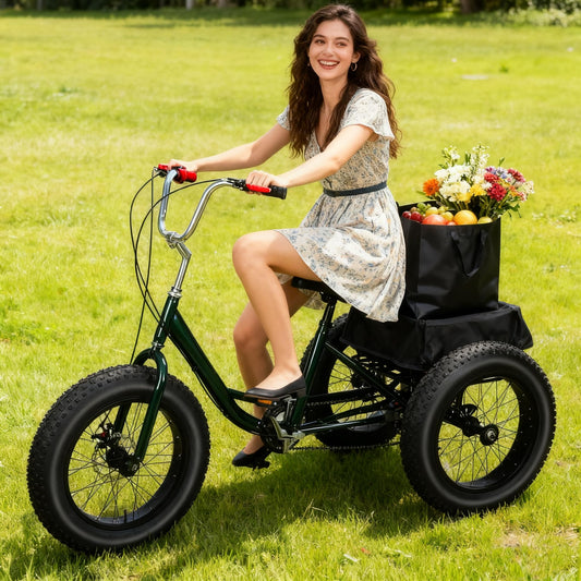 Adult Tricycle, 20 Inch Fat Tire Trike for Adults, 20" X 4" Tires, 7 Speeds, Loads 450lbs, Double Disc Brake, Anti-Slip Pedals, 3 Wheel Bikes for Adult, Large Shopping Basket for Commuting (BlackB)