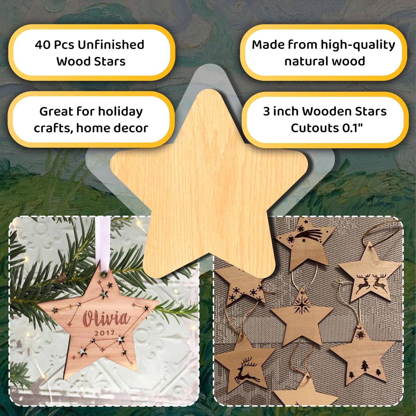 40 Pcs Unfinished Wood Stars 3 inch Wooden Stars Cutouts 0.1'' Thickness Blank Natural Wood Slices Wooden Cutout Tiles for Christmas DIY Crafts Paint Burning Engraving Carving Coaster Staining