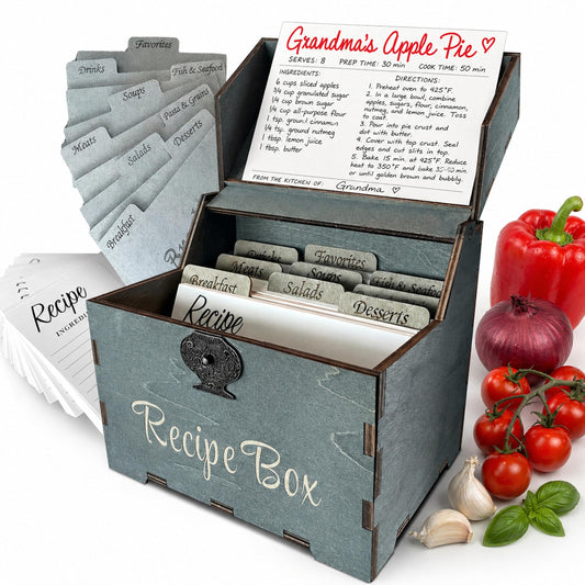 Albino monkey Wooden Recipe Box with 100 4x6 Cards and 9 Wood Dividers - Rustic Dark Teal Recipe Card Box Organizer & Family Recipe Keepsake - Bridal Shower & Housewarming Gift