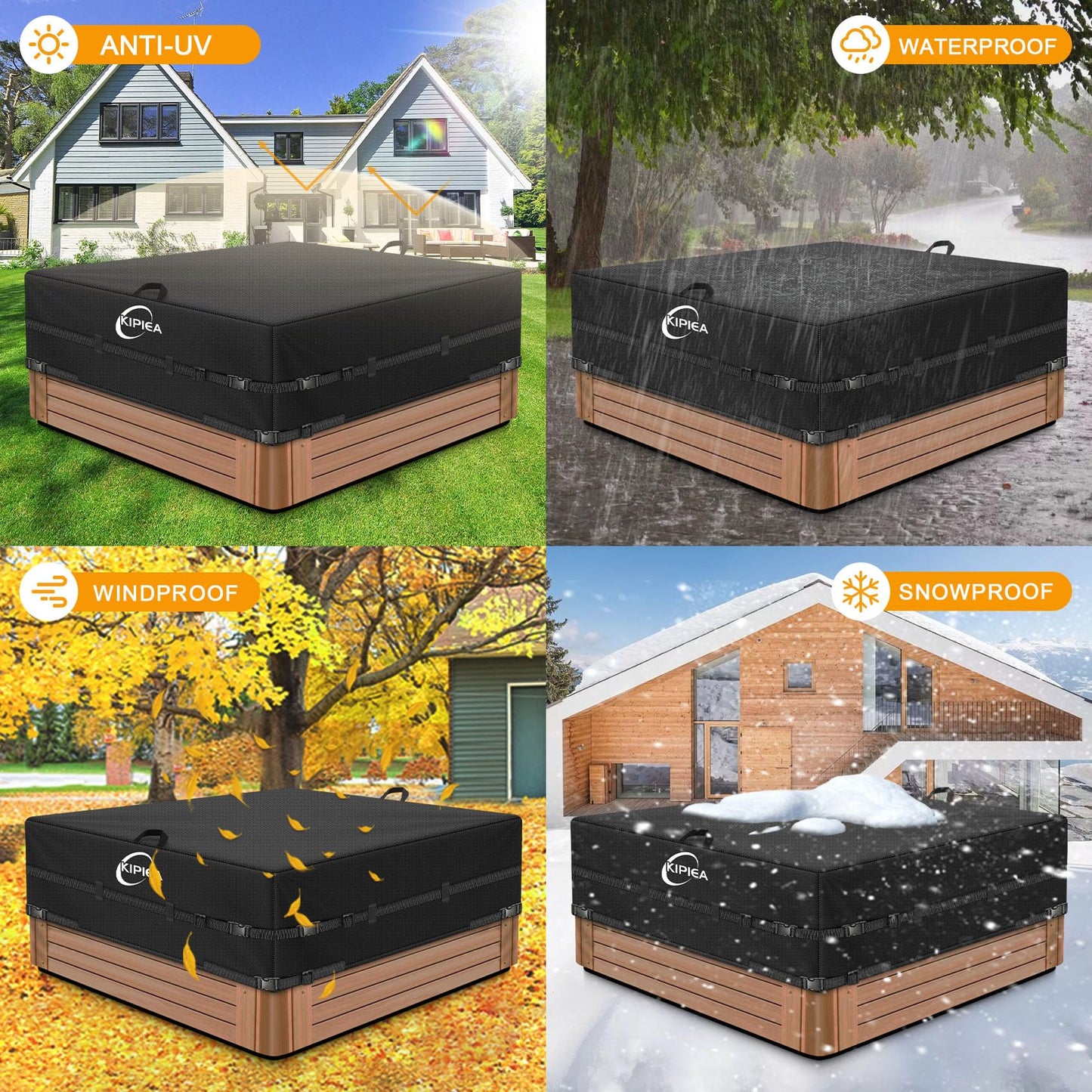 Kipiea 600D Outdoor Waterproof Square Hot Tub Cover Protector, Heavy Duty Polyester SPA Cover UV Protection Cover 90" L x 90" W x 20" H, Black