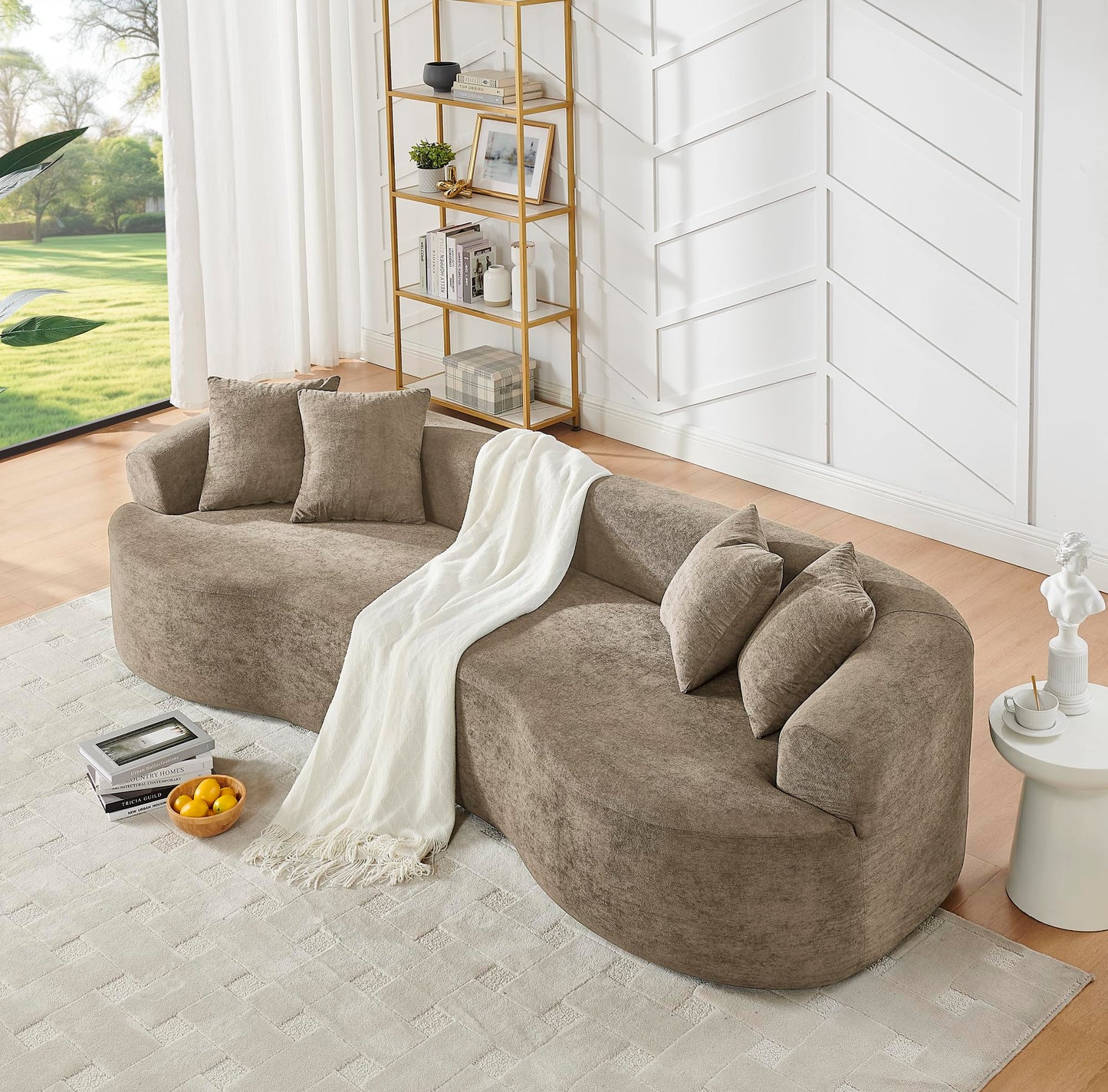 KEIKI 113" Oversized Chenille Curved Modular Sectional Sofa with High-Density Sponge, Upholstered Modern 4-Seater Compression Cloud Couch, No Assembly Needed, for Apartment, Living Room, Light Brown