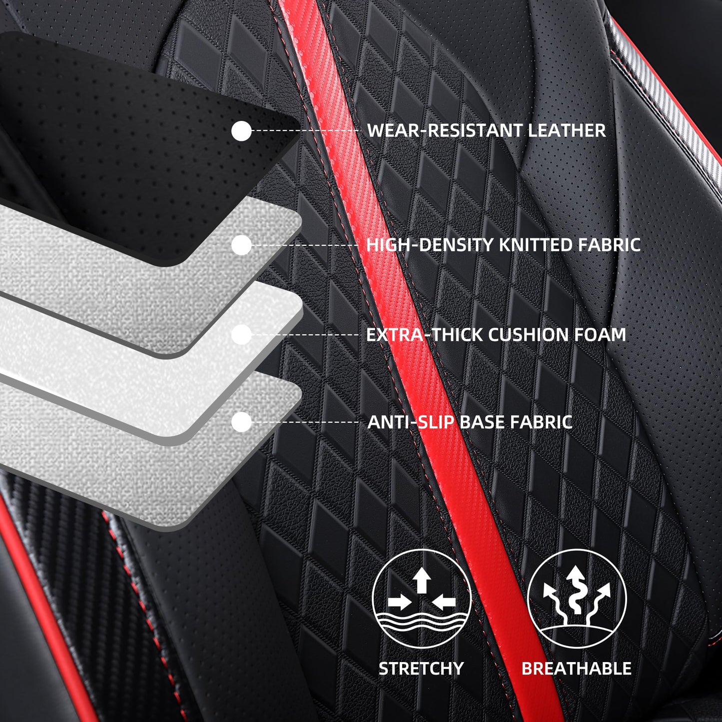 OURPLOT Custom Fit Camry Seat Covers for 2018-2024 Toyota Camry Hybrid LE SE, Waterproof Faux Leather Full Coverage Car Seat Protectors Full Set (Black+Red)