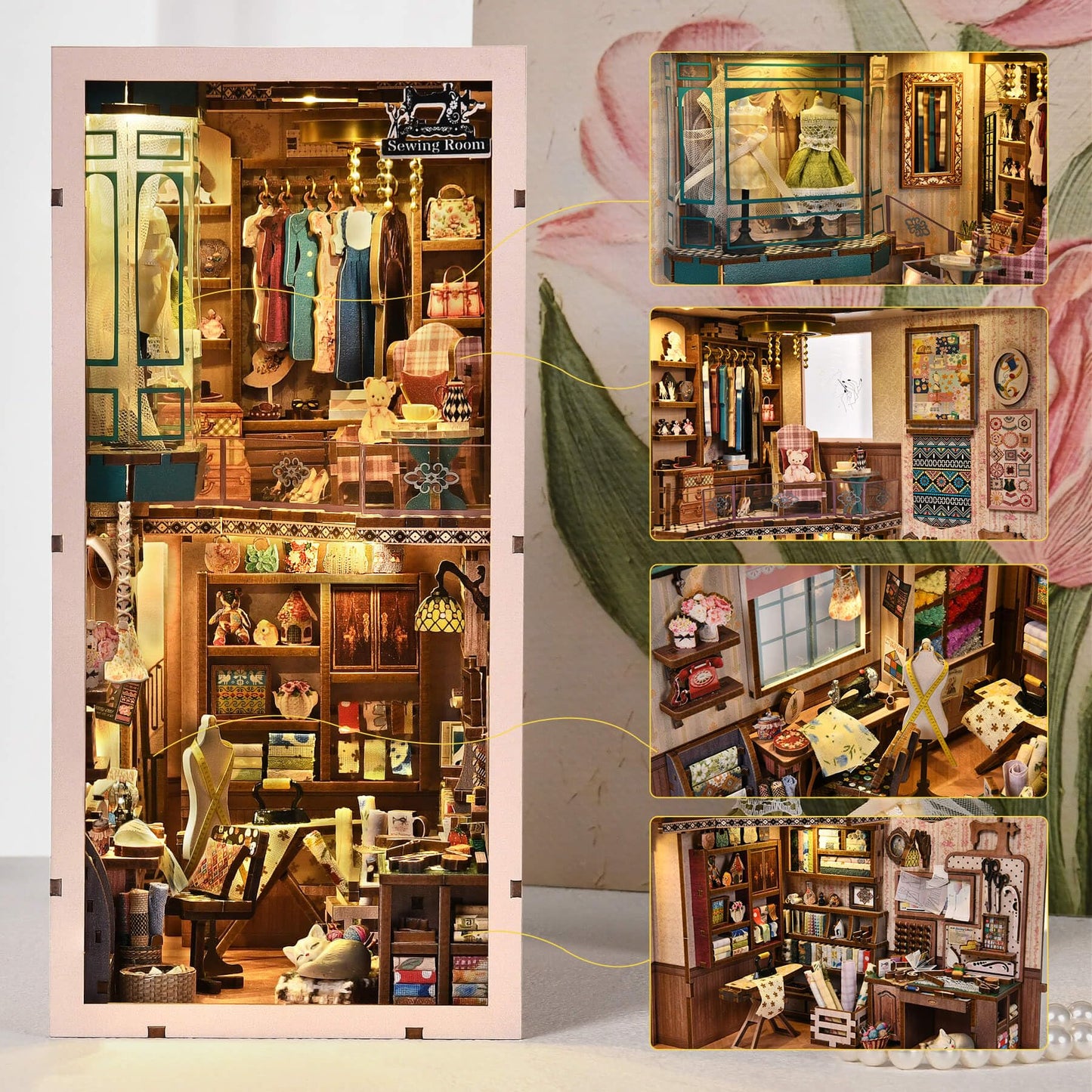 fifijoy Book Nook Kit - DIY Miniature House Dollhouse Kit for Adults and Teens, Booknook Tiny House Bookshelf Decor 3D Wooden Puzzle, Gifts for Family Friends (Sewing Room)
