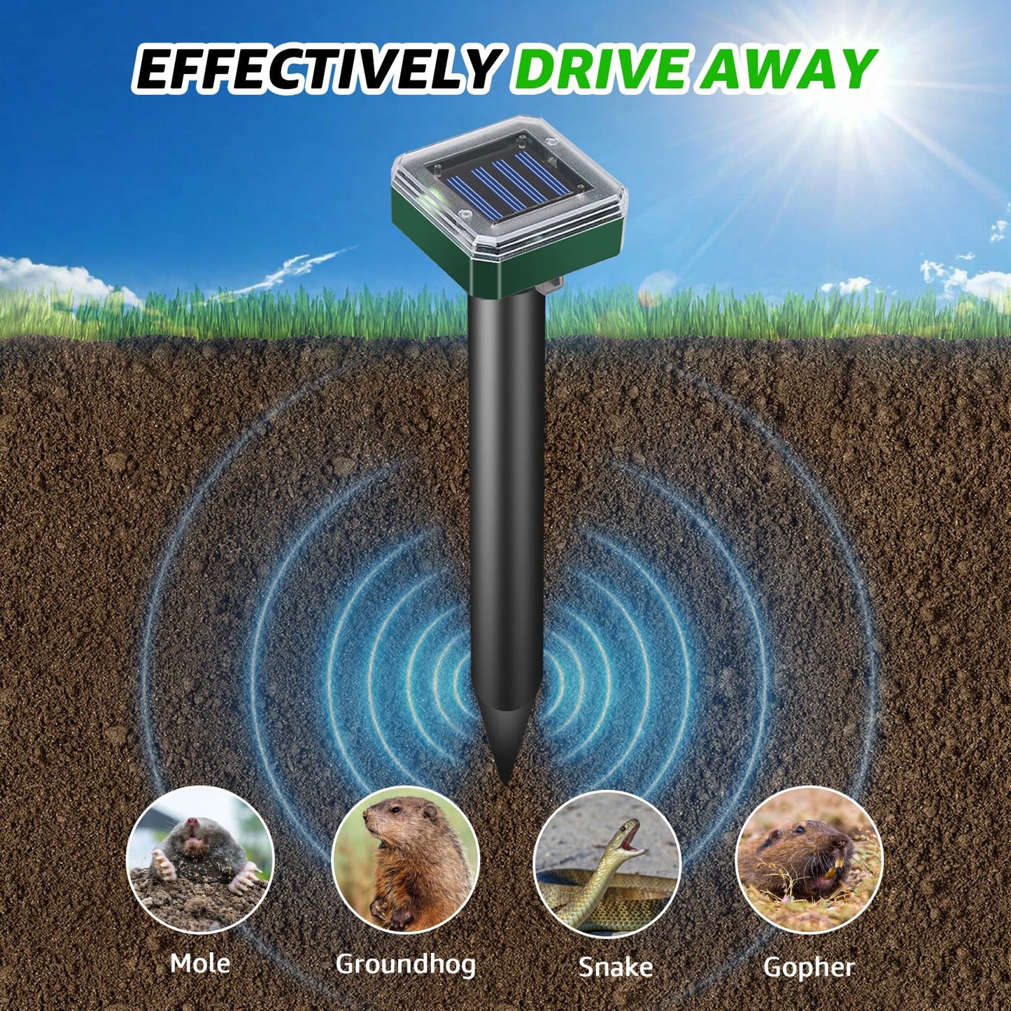 Mole Repellent Solar Powered Waterproof Outdoor Chipmunk Deterrent Solar Mole Repellent Ultrasonic for Gopher Vole Rat Squirrel Skunk Garden Yard Lawn Pest Control
