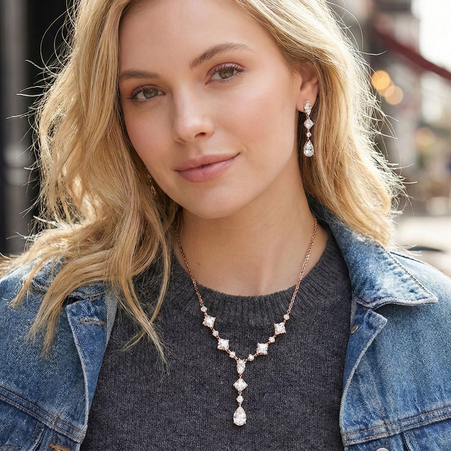 Mariell 14K Rose Gold Plated Cubic Zirconia Necklace & Earrings Bridal Jewelry Set, CZ Crystal Statement Necklace Set for Weddings, Formal Events, Mother of the Bride