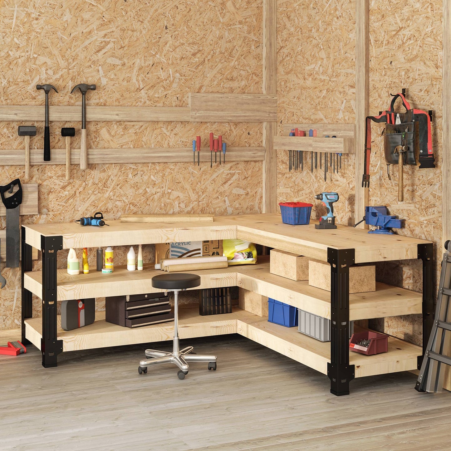 FLEXIMOUNTS Universal Steel Workbench Kit 5 Legs L Shaped Heavy Duty Work Bench for Garage Storage Shelving Workbenches Frame Black Customizable Work Table Brackets, Lumber Not Included