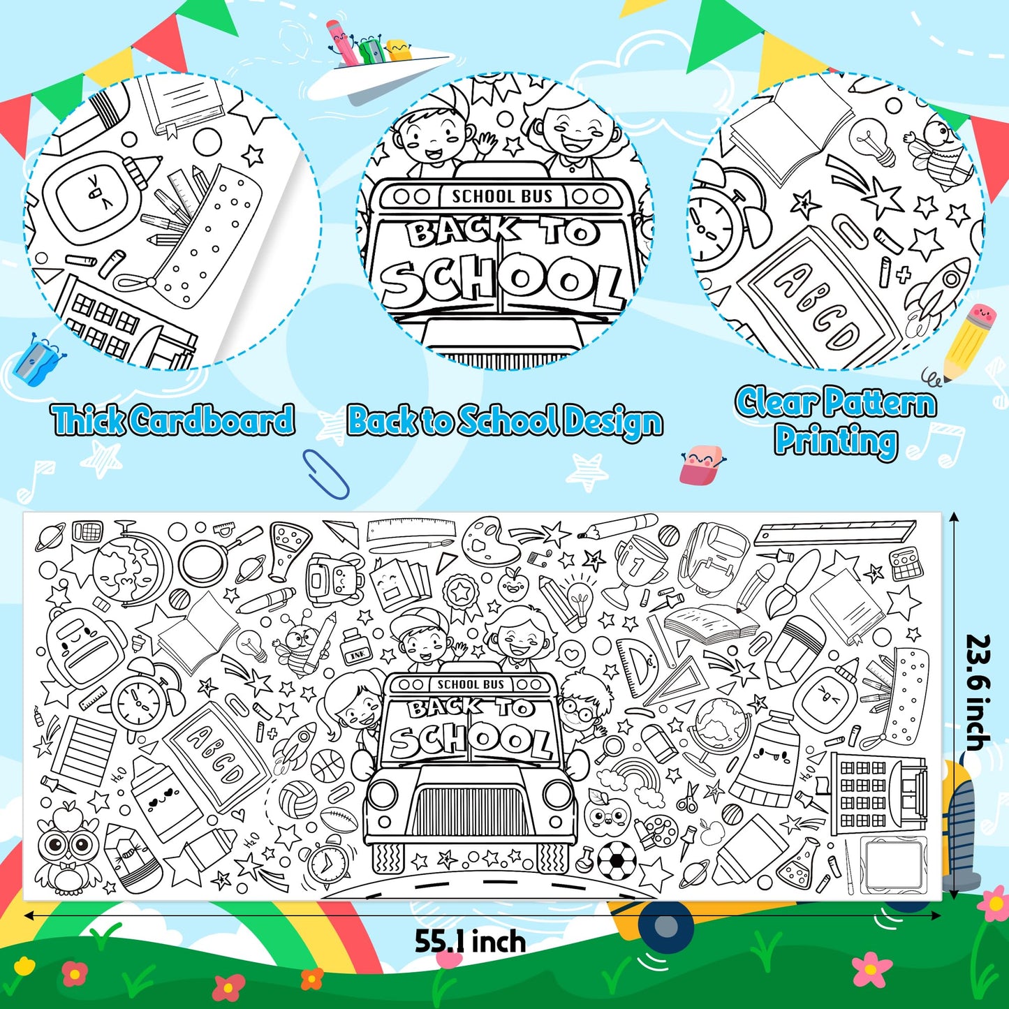X1zuue Back to School Giant Coloring Poster for Kids -Jumbo First Day of School Blank Paper Banner Large Coloring Table Cover for Classroom Home Party DIY Art Craft Activity Supplies 55 x 23.6 Inch