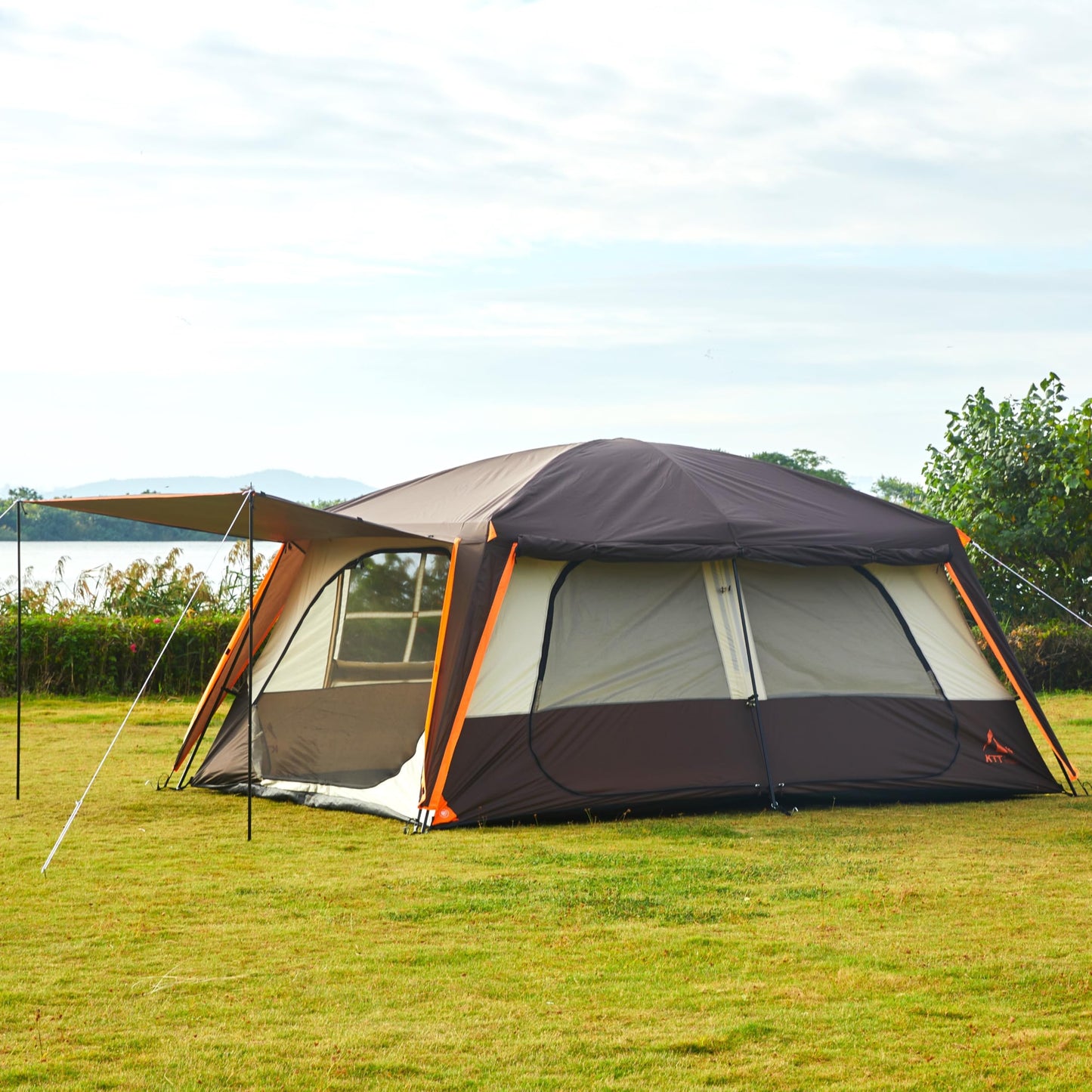KTT Extra Large Tent 12 Person(A),Awning Family Cabin Tents,2 Rooms,4 Doors and 4 Windows with Mesh,Straight Wall,Waterproof,Double Layer,Big Tent for Outdoor,Picnic,Camping,Family Gathering(Brown)