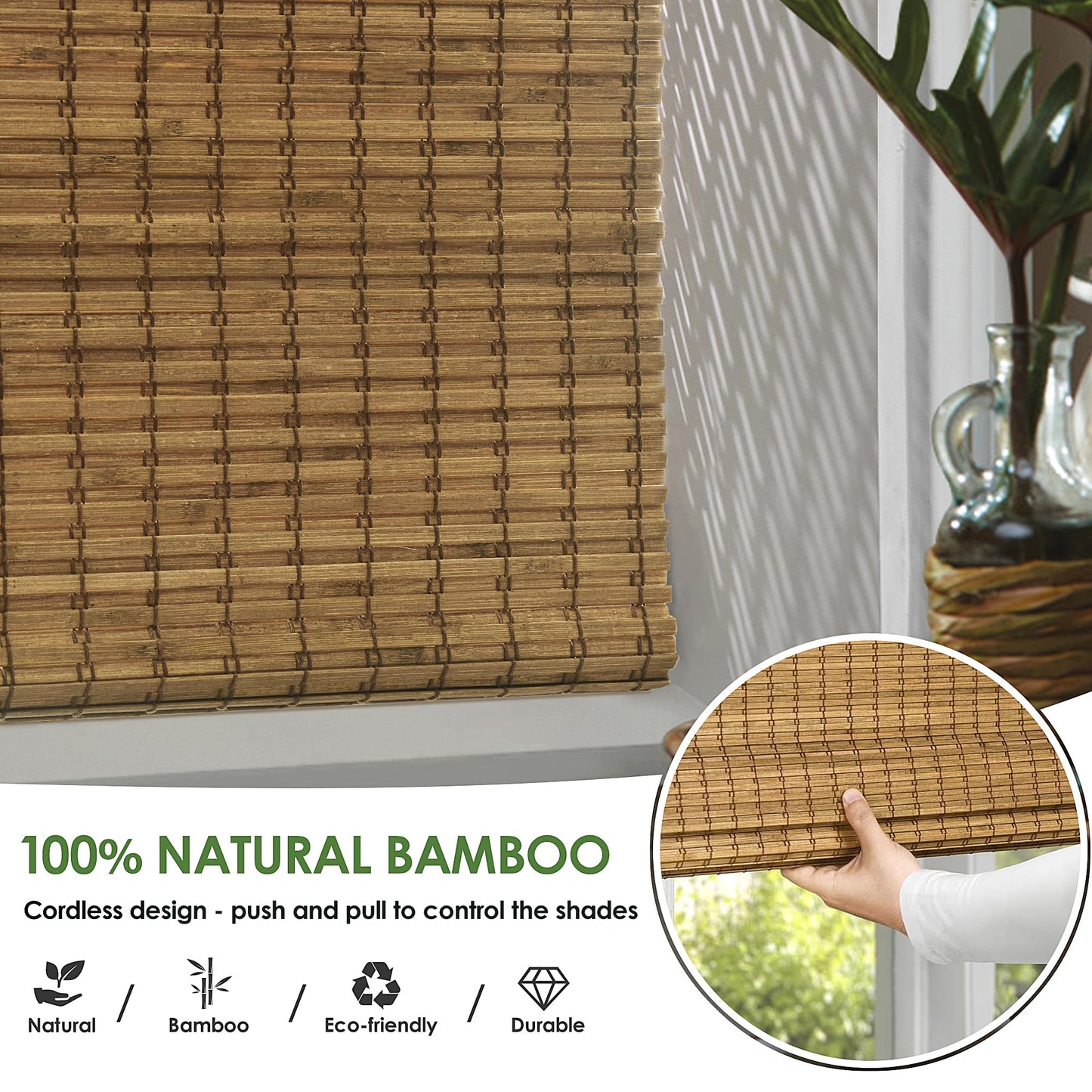 LazBlinds Cordless Bamboo Roman Shades, Privacy Blinds for Interior Windows, Room Darkening Roll Up Bamboo Blinds for Home & Patio, 34" W x 64" H, Highfield Teak