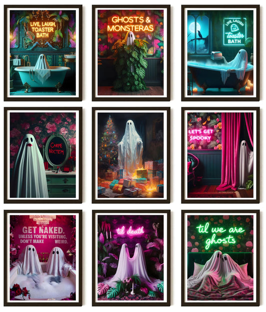 9Pcs Halloween Ghosts Canvas Wall Art Fashion Funny Gothic Romantic Couple Cute Ghost Wall Decor Pictures Horror Creepy Dark Academia Posters Prints for Modern Home Hotel Room Decoration Unframed