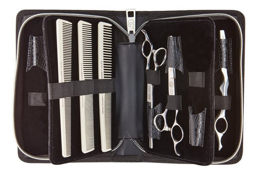 Olivia Garden Shear Case with SilkCutPRO Shears - Hair Tool Organizer for Combs, Scissors, Barber Supplies - Holds 9 Shears - Professional Hairstylist Travel Bag - 7 Piece Set