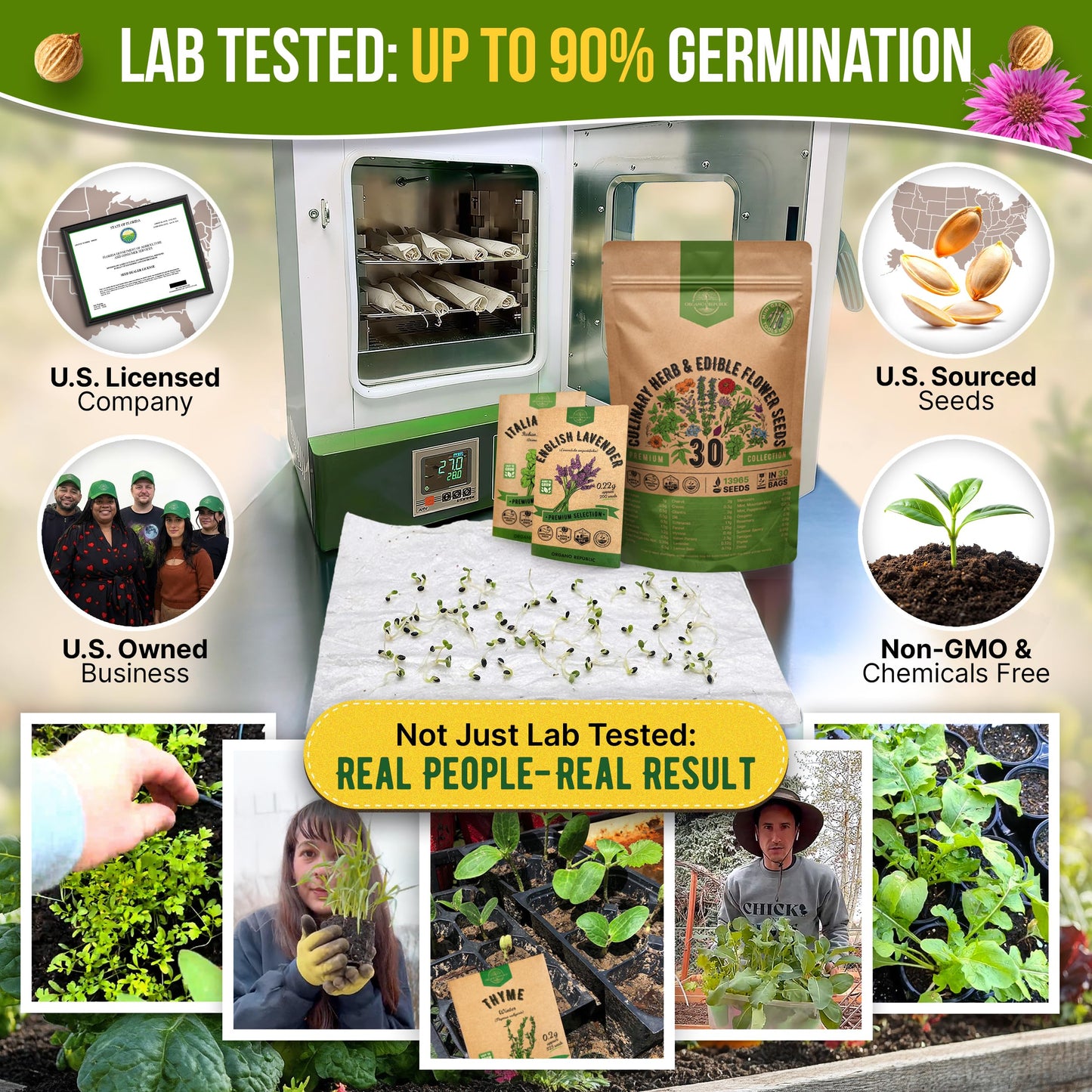 Organo Republic 30 Culinary Herbs & Edible Flower Seed Variety Pack- Indoor/Outdoor. 14000+ Non-GMO Heirloom Flower Seeds: Basil, Borage, Echinacea, Lavender, Oregano, Rosemary Seeds & More