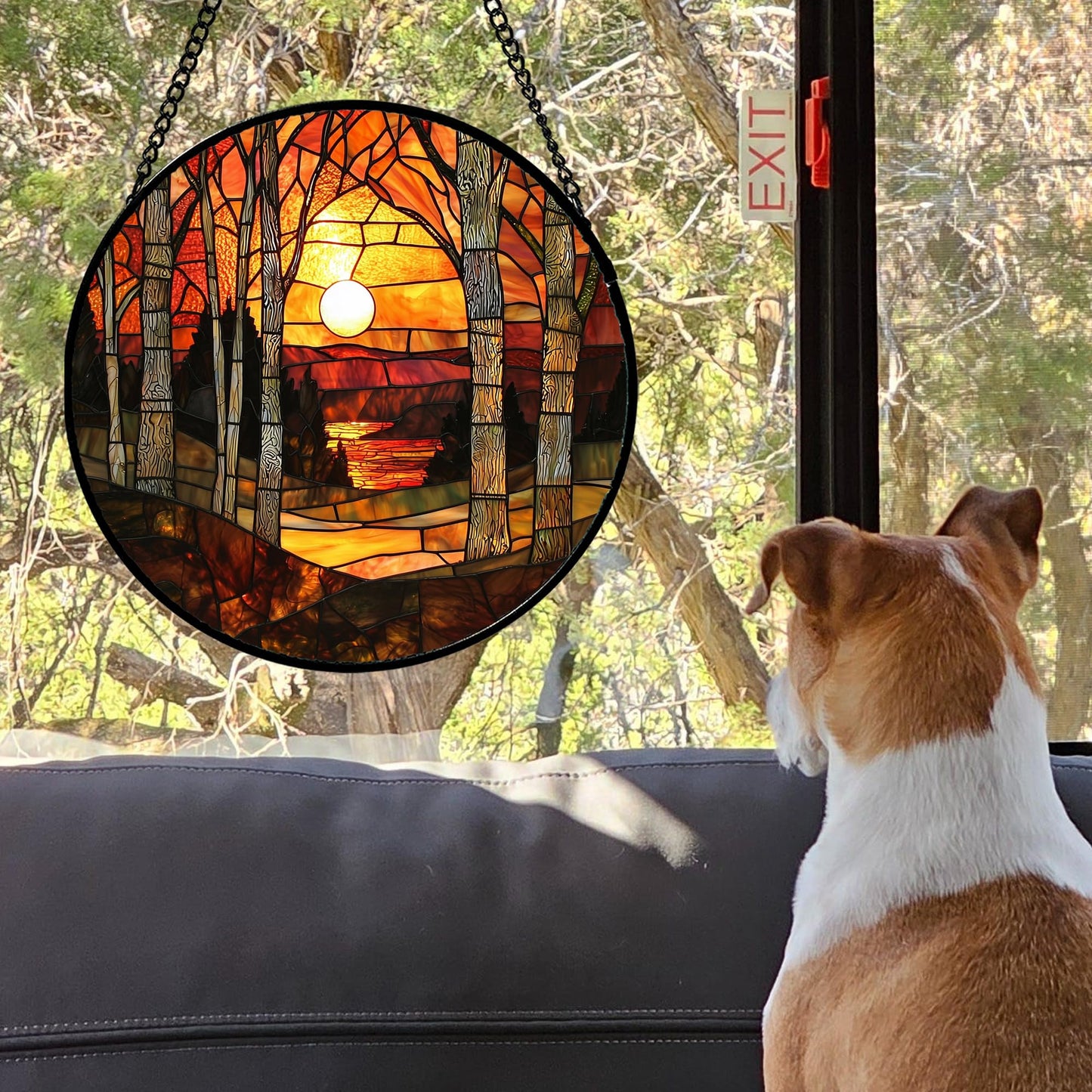 JOSUMALY Stained Glass Window Hanging, Orange Red Landscape Forest Lake Moon Suncatcher for Doors Window Home Sun Catchers Decor Mother's Day Birthday Gifts for Women Men Mom 7.8 in