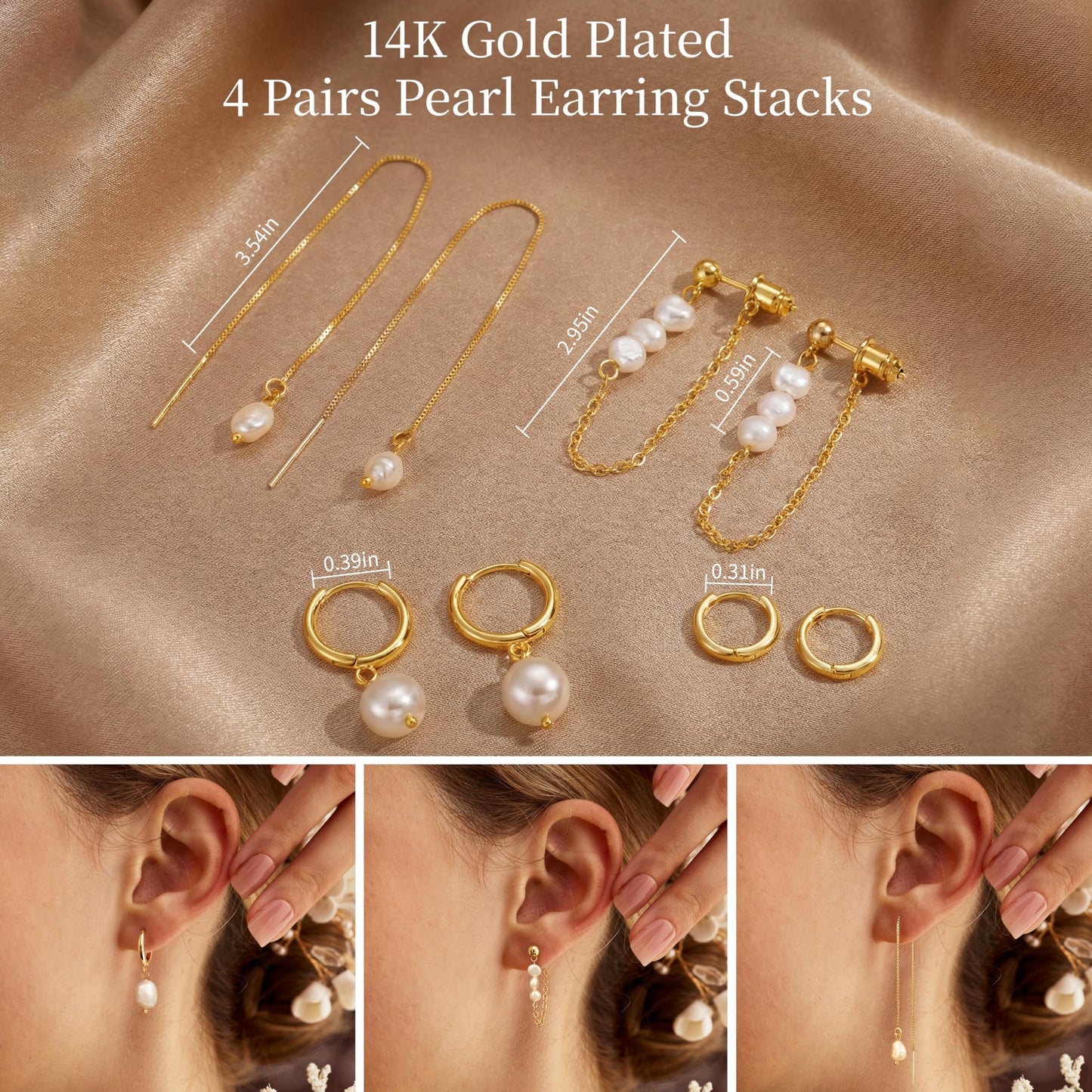 Gold Pearl Hoop Earrings for Women Non Tarnish – 14K Gold Plated Hypoallergenic Huggie Dangle Drop Earrings Set for Multiple Piercings & Cartilage, Trendy Jewelry Gift