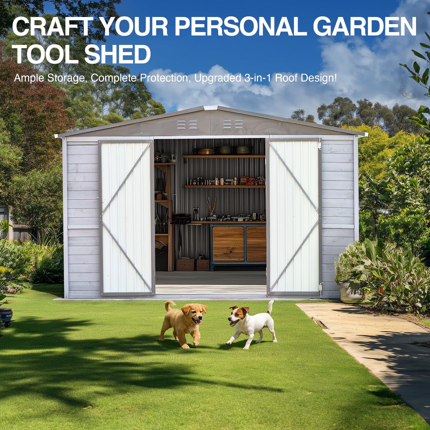 Jaxenor 8x8 FT Outdoor Wood Storage Shed, Garden Tool Shed with Windows, Outside Storage Shed Waterproof for Garden, Backyard, Patio, 4 Vents (Without Floor) Gray