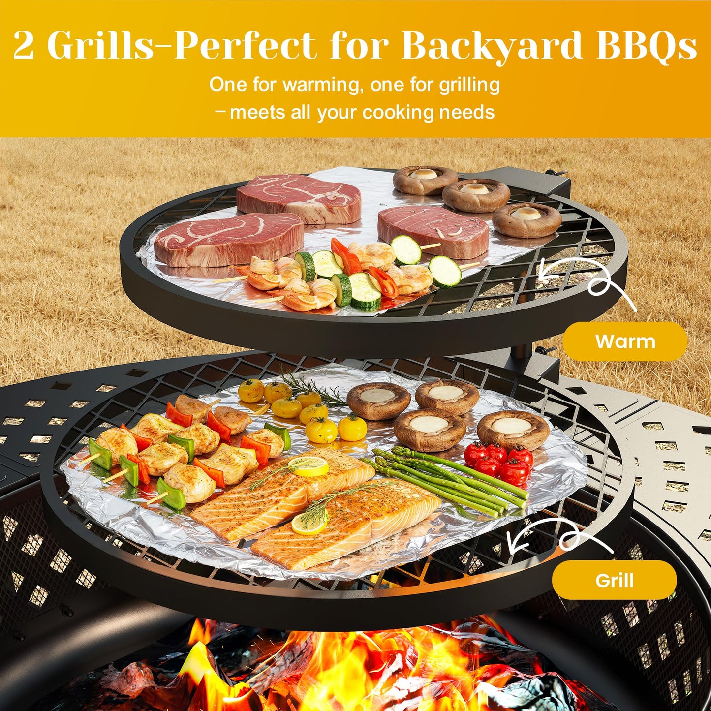 Outdoor Fire Pit, 43" Fire Pit for Outside Wood Burning with Adjustable 2 Grills, Outdoor Fireplace with Lid and Fire Poker, BBQ, Bonfire, Round Firepit 3 in 1 for Patio, Backyard, Garden, Black