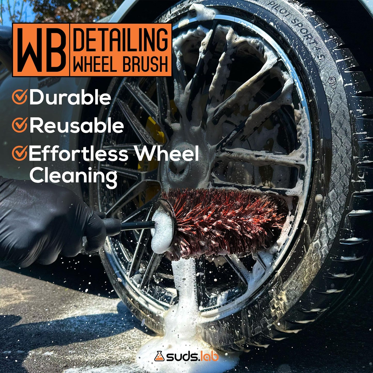 Suds Lab WB Premium Detailing Wheel Brush for All Vehicle Types – 17.7" Ultra-Soft and Scratch-Free Reusable Rim, Wheel, and Tire Brush for Deep Cleaning
