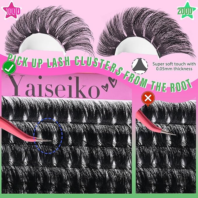 Lash Clusters 100D+200D Thick Eyelash Clusters 16 & 18mm Wispy Individual Mega Volume Lashes D Curl Cluster Eyelash Extensions 280Pcs DIY Lash Extension at Home, by Yaiseiko(Plant Fiber)