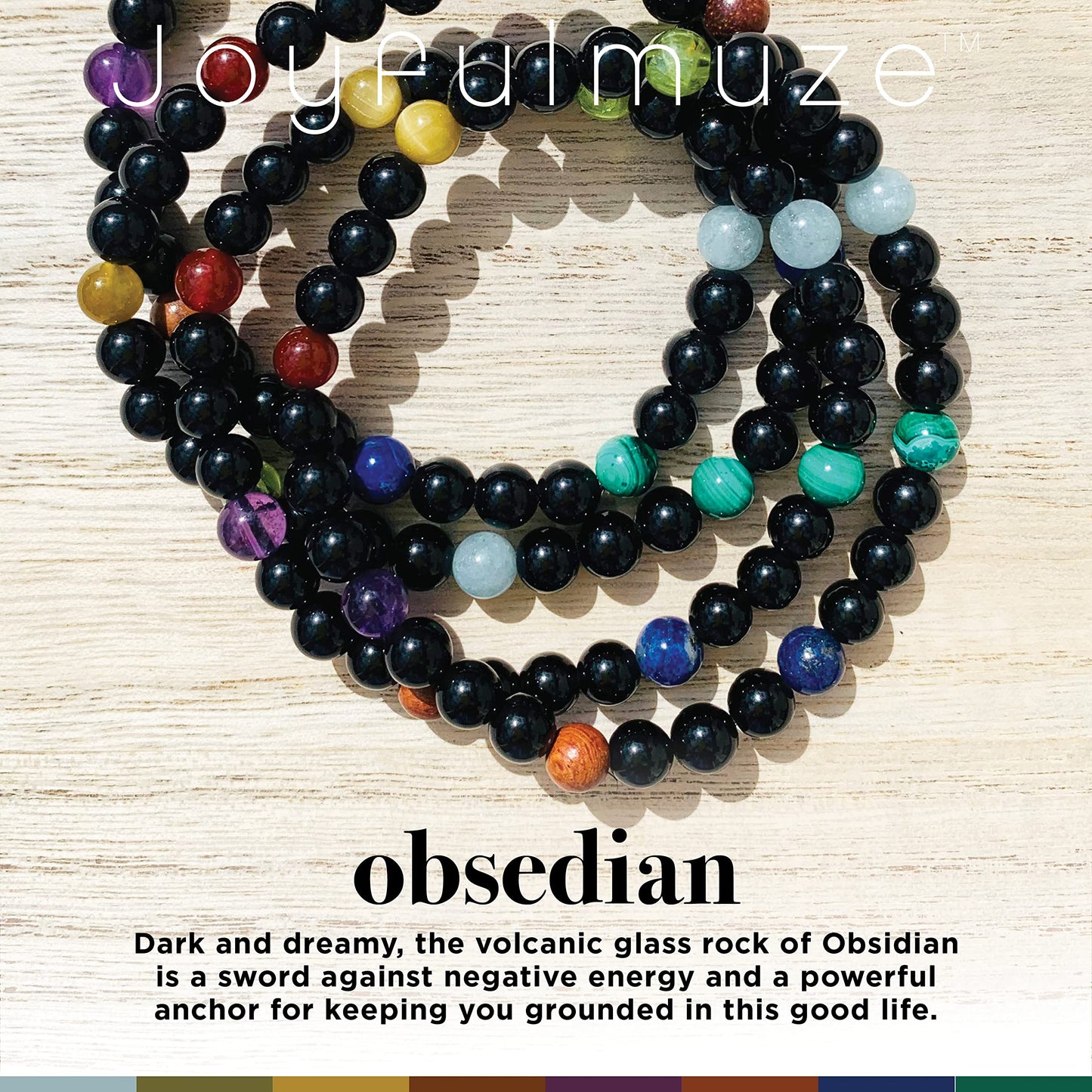 Joyfulmuze Black Obsidian Stretch Bracelet for Men, Multiple Natural Gemstones Yellow Tiger Eye, Green Peridot, Amethyst, Wood, Carnelian, Malachite, Aquamarine, Handmade Gift Chakra Jewelry, 6mm