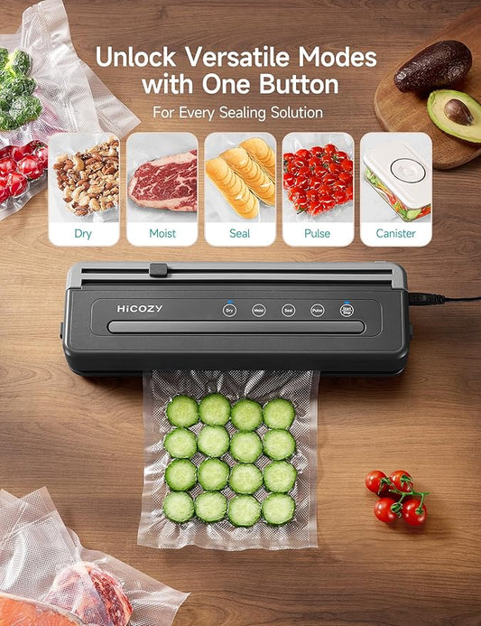 HiCOZY Compact Vacuum Sealer for Food, 5-in-1 Functions Vacuum Sealer with Double Heat Seal, Built-in Cutter, 10 BPA-Free Bags, Gray