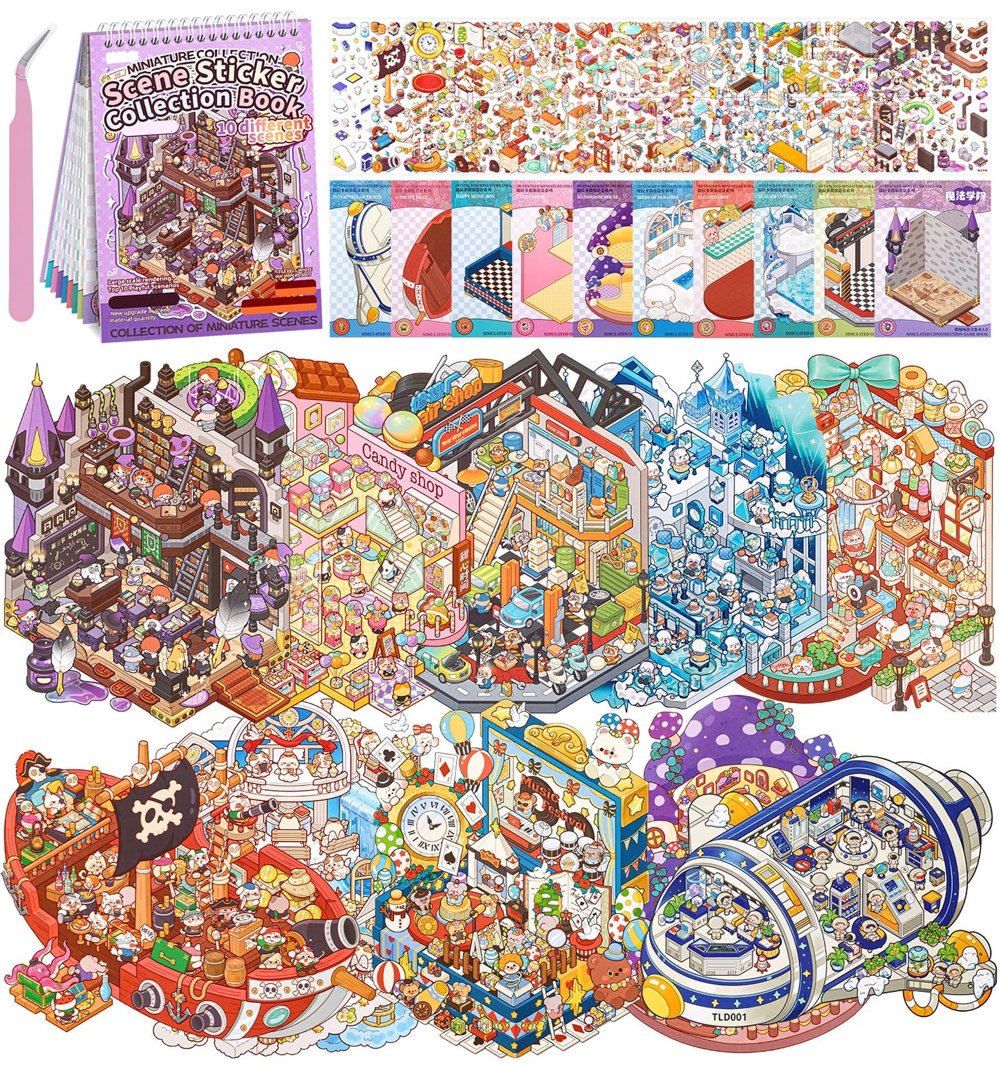 DIY 3D House Stickers, 10 Sets Fun DIY Sticker Scene Make Your Own Mini House Cute Cartoon Animal Scene Stickers for Kids Adult Sticker Art Relief Stress Pass The Time