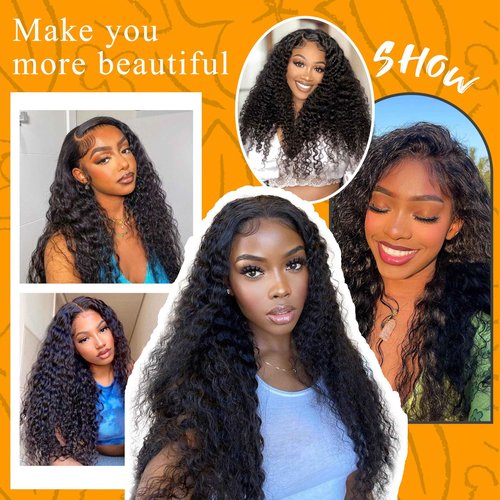 DZFAYESM 13x4 Deep Wave Lace Front Wigs Human Hair 200% Density Black Curly Human Hair Wig Long Natural Wigs for Black Women Transparent Lace Frontal Wig for Daily Wear 20 Inch