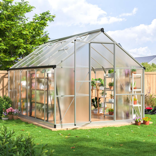 AirWire 8×12 FT Walk-in Greenhouse for Outdoors, Polycarbonate Greenhouse Kit with Roof Vent, Large Heavy Duty Green Houses for Outside Backyard Patio Garden, Sliver