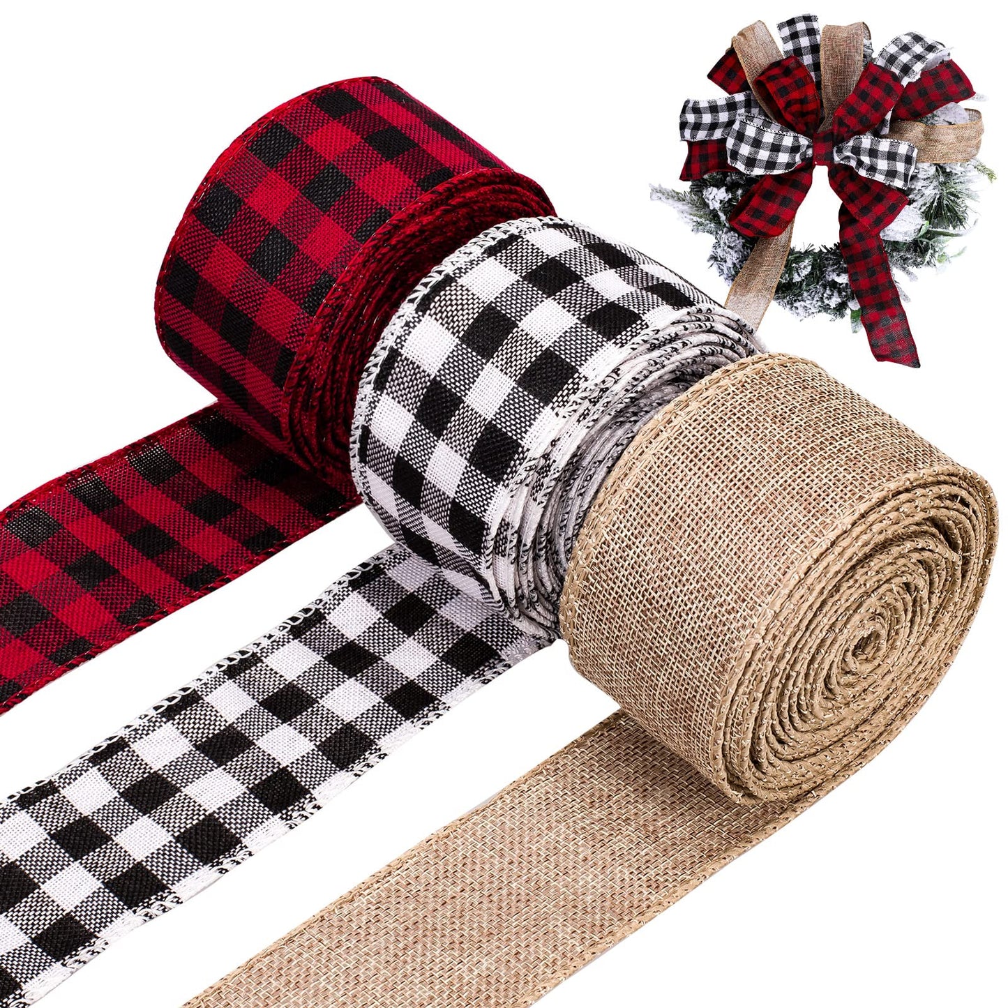 Whaline 3 Rolls Wired Edge Ribbons, 30 Yards x 2 Inches Black Red Plaid Ribbon, Black White Buffalo Plaid Ribbon and Burlap Craft Ribbon for DIY Gift Wrapping, Christmas Fall Crafts Decoration