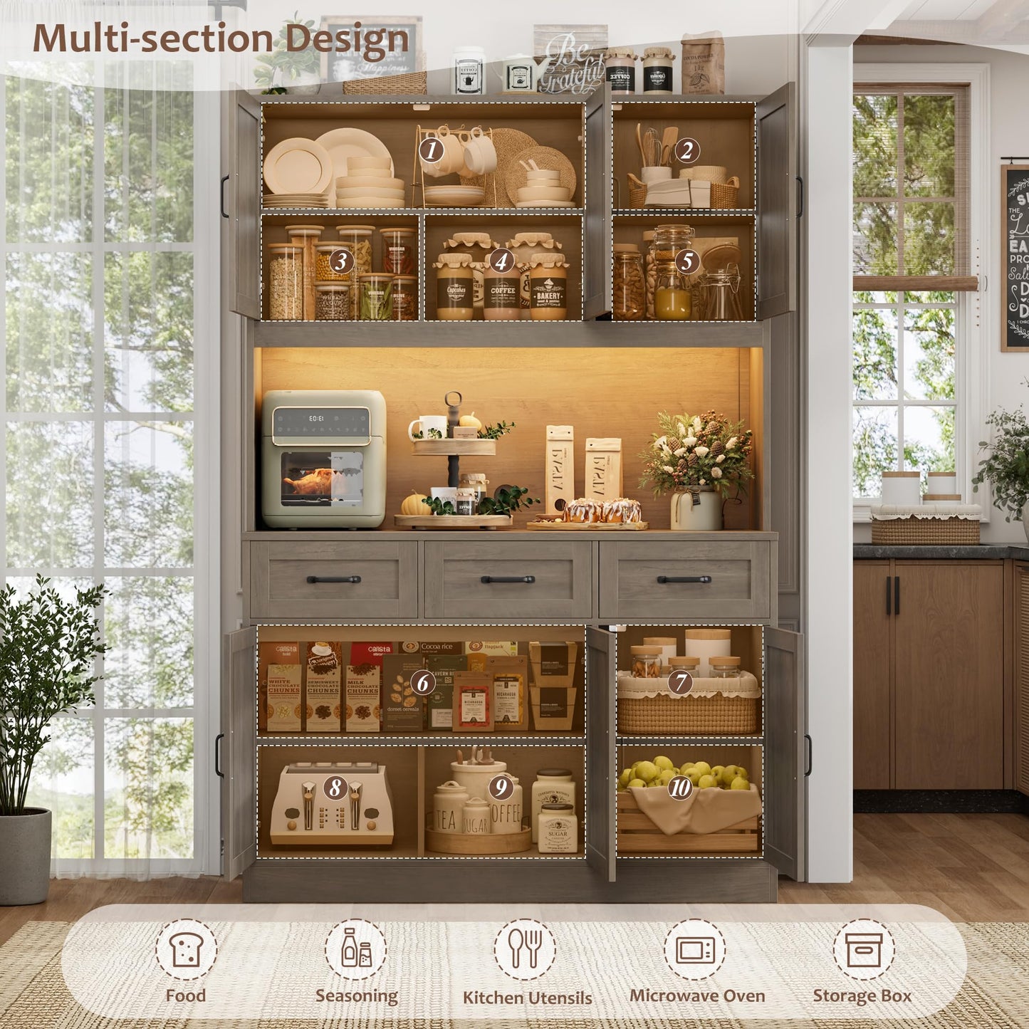 HOSTACK 72" Tall Kitchen Pantry Cabinet with Charing Station | LED Lights, 47" W Kitchen Pantry Storage Cabinet with Countertop, Modern Kitchens Hutch Cabinets with Storage for Dining Room, Ash Gray