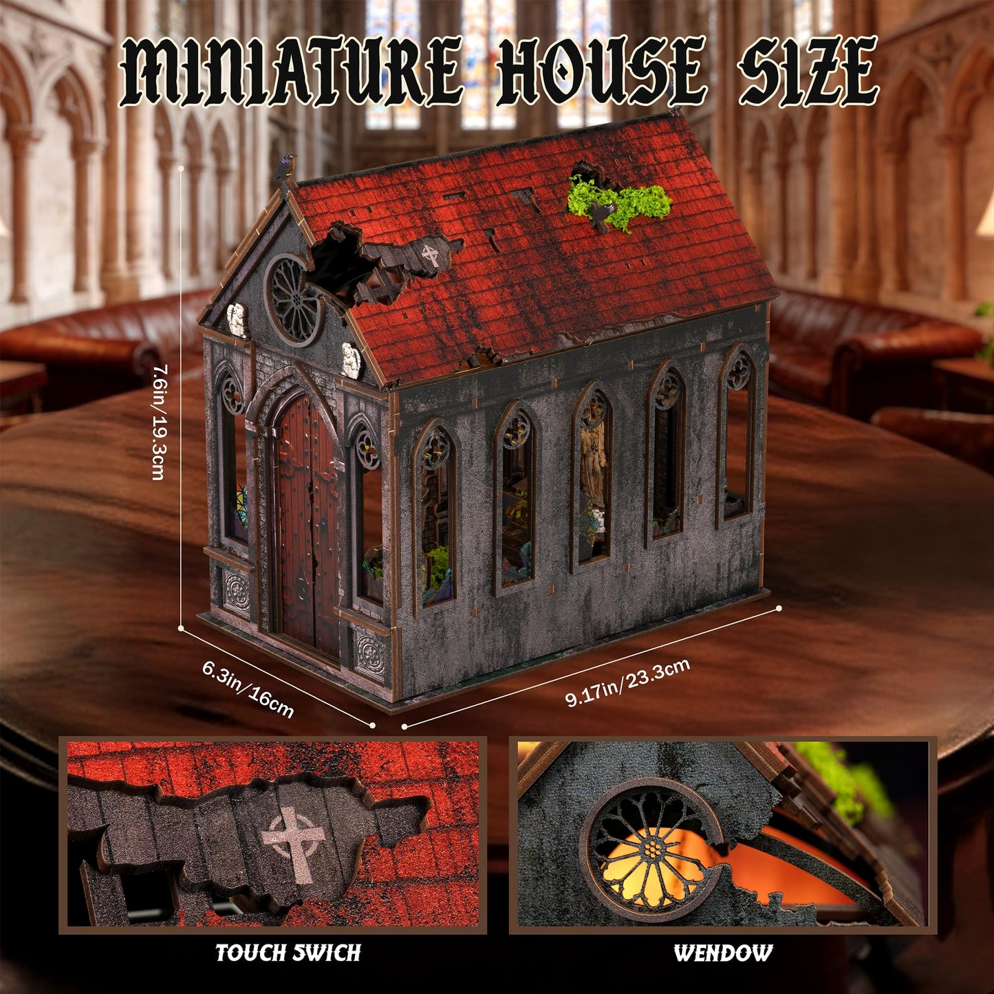 Lost Cathedral Miniature House Kit - DIY Miniature Kit for Adults, Teens, Dollhouse Booknook Bookshelf Insert Decor with LED Light, 3D Wooden Puzzle Gifts for Family, Friends