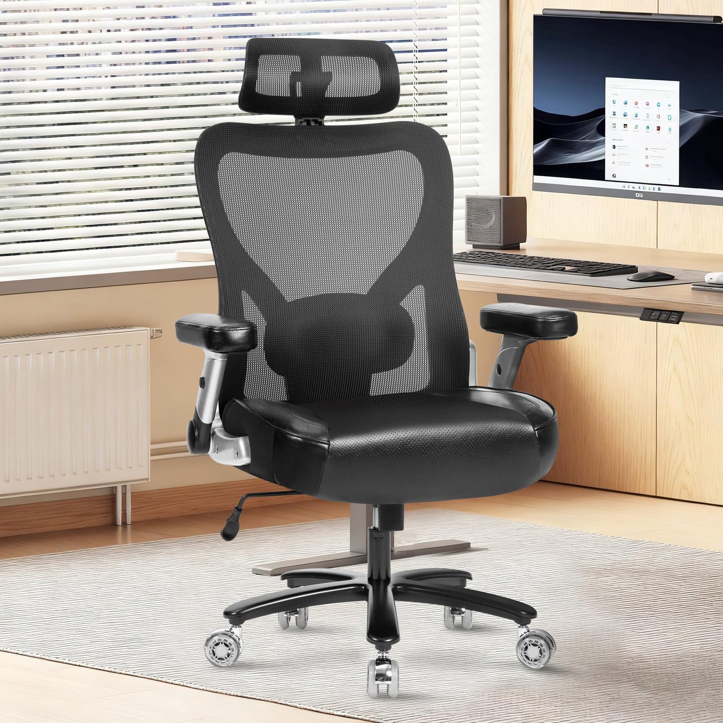 Super Big and Tall Office Chair 700lbs- Heavy Duty Executive Computer Chair with Rubber Wheels 3D Flip Arms, Ergonomic Mesh High Back Desk Chair, Extra Wide Seat Adjustable Lumbar Support&Headrest