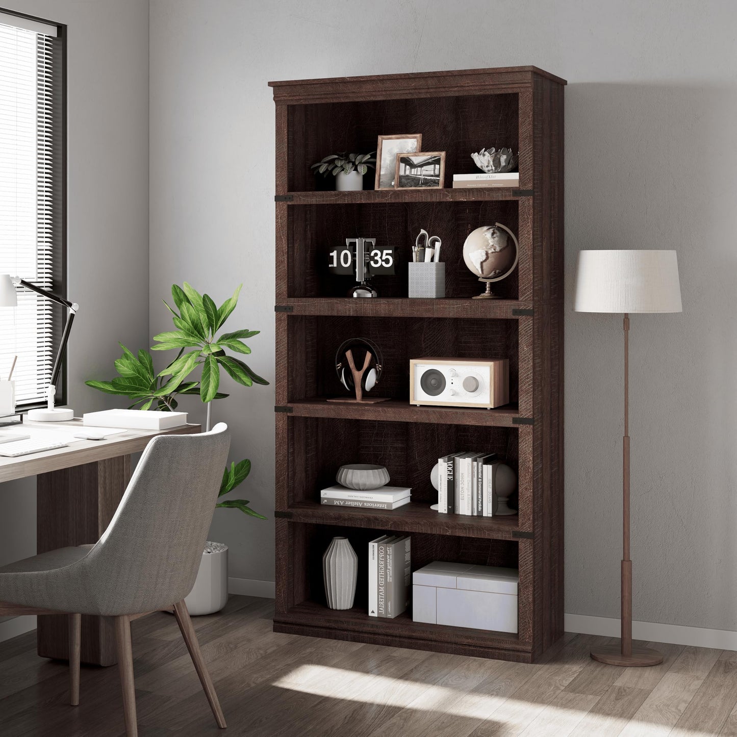 IDEALHOUSE 5 Tier Bookcase, Farmhouse Book Shelf with Storage Open Display Bookshelves, 67.4" Tall Book Case Wooden 5 Shelf Bookcase Home Decor Furniture for Home Office, Living Room- Reddish Brown