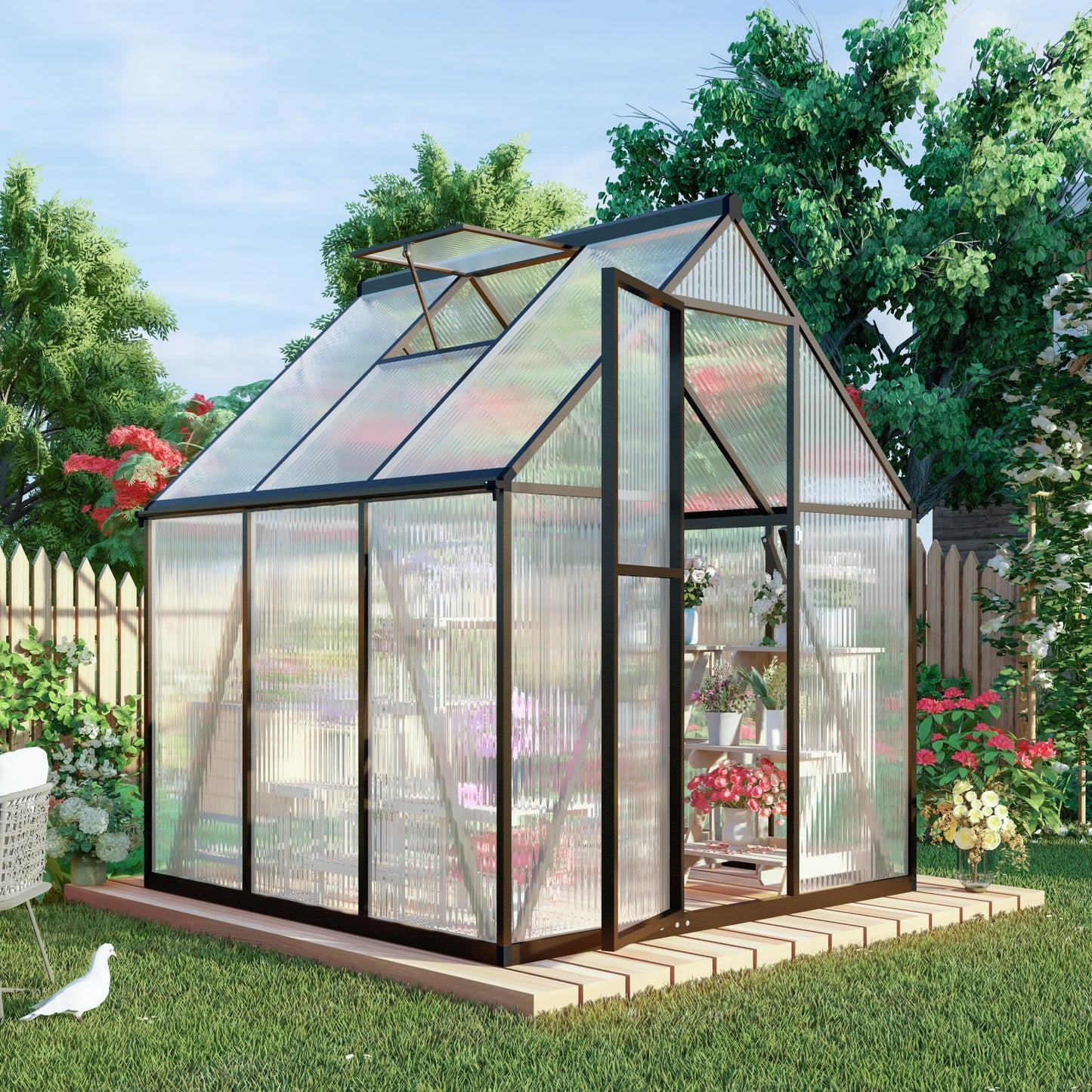 Jiliusure 6 x 6 FT Greenhouse for Outdoors, Polycarbonate Greenhouse with Quick Setup Structure and Roof Vent, Aluminum Large Walk-in Green House for Outside Garden Backyard, Charcoal Black