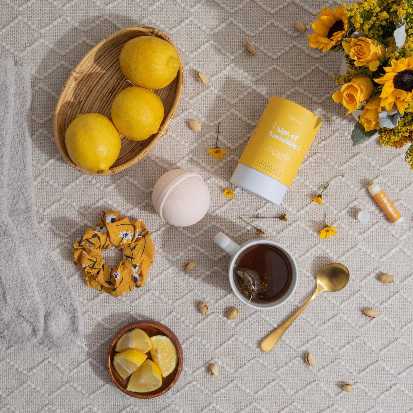 Unboxme Sunshine Spa Gift Basket for Women — Mother’s Day Gift Set with Tea, Mug, Bath Bomb & Socks | Self Care Package for Mom, Birthday, Get Well
