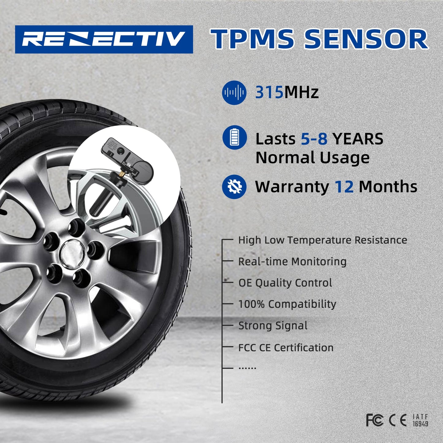 RENECTIV TPMS Sensor 4-Pack GM,315Mhz Tire Pressure Monitor Sensors Compatible with GM Chevy Buick GMC Pontiac Hummer Saturn Replace OE#13581558 13586335 13598771 13598772