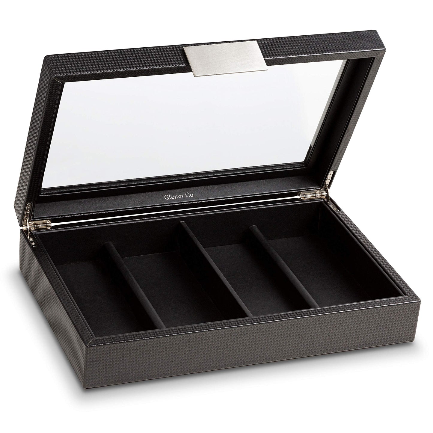 Glenor Co Sunglasses Organizer Case - 8 Slot Storage Holder to display Sunglass/Eye Glasses - Modern Box with Clear Glass Top and Metal Buckle for Men and Women - Carbon Fiber Leather Design - Black
