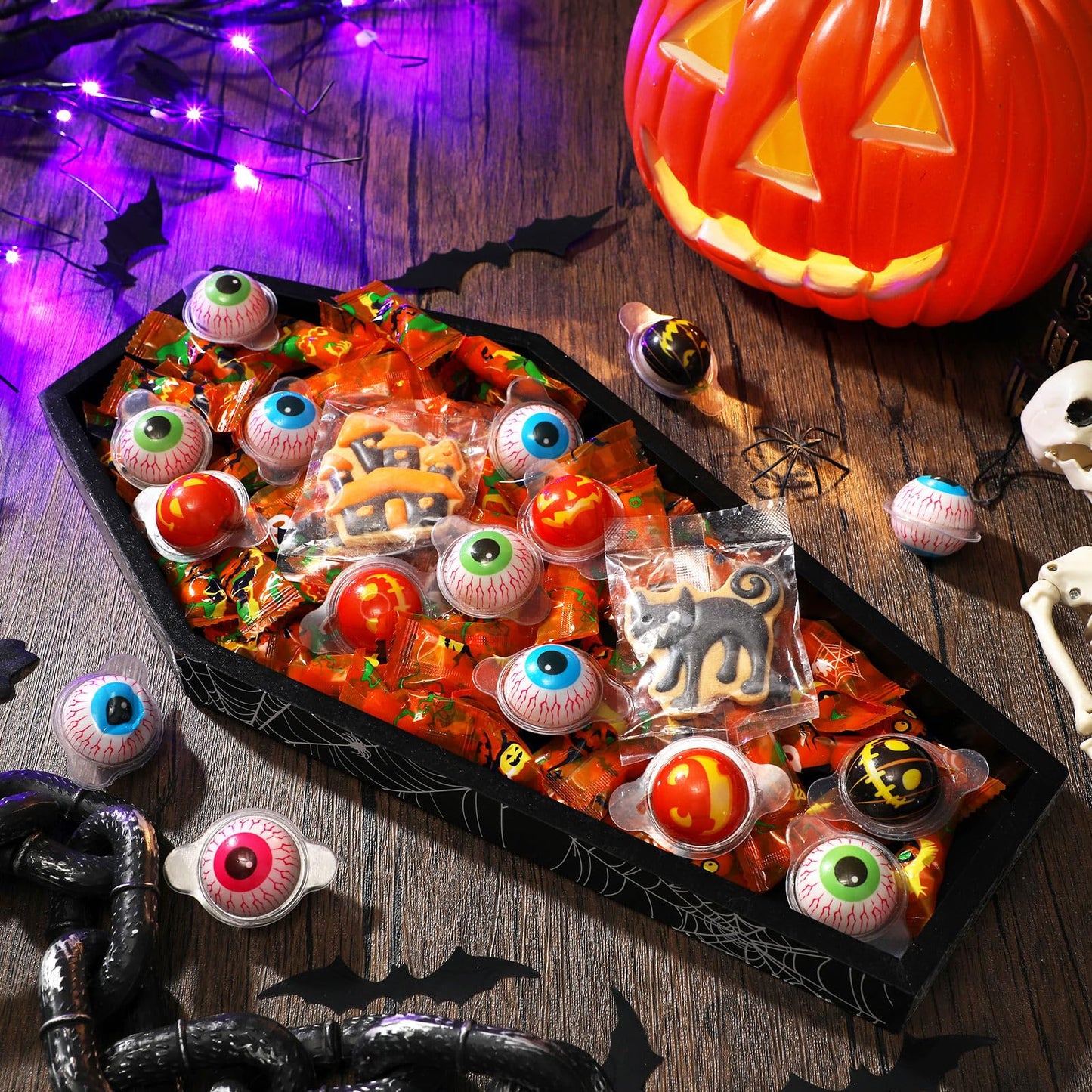 Teenyyou 15.7 x 7.8 Inch Halloween Coffin Charcuterie Boards with Skeleton Spider Web Decor Black Wood Coffin Serving Trays and Platters Halloween Candy Bowl Gothic Serving Box for Party Supplies
