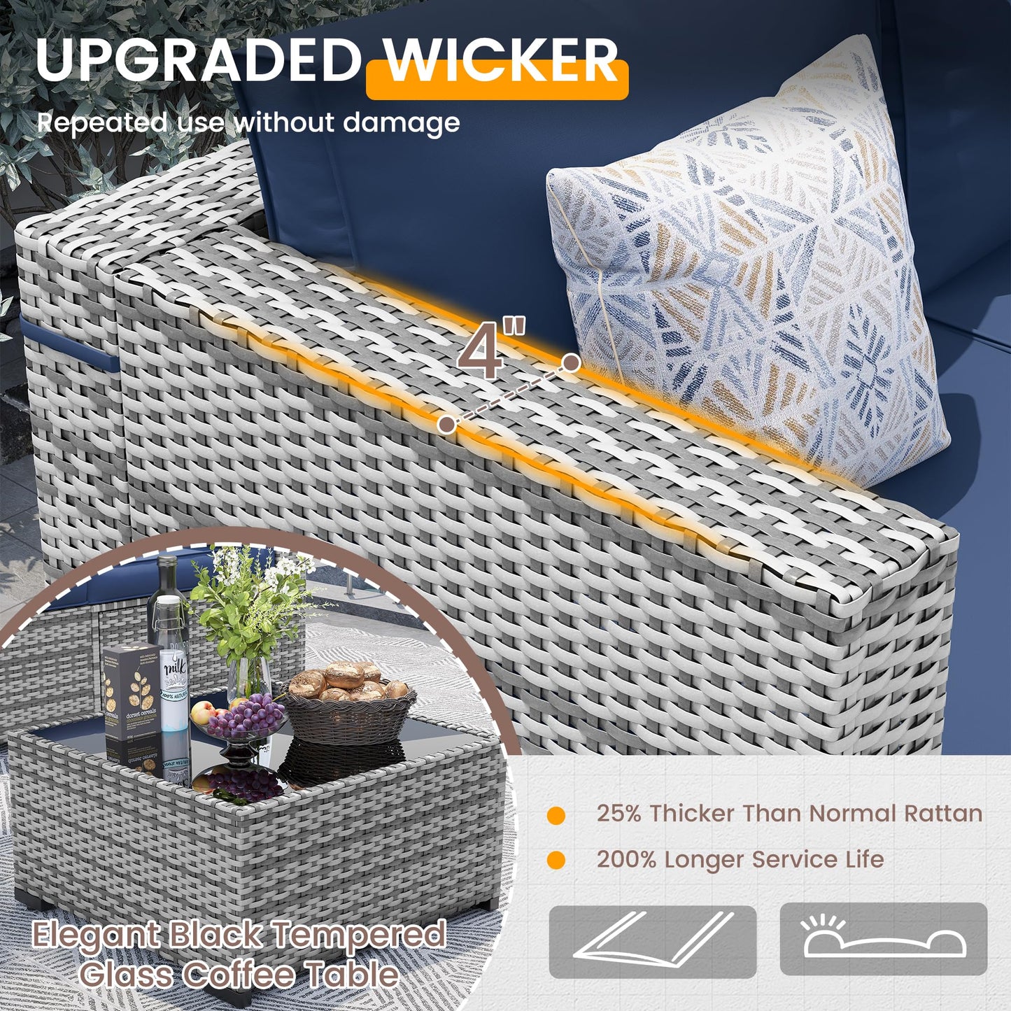 UDPATIO Patio Furniture Set with Fire Pit Table, 8 Pieces Outdoor Sectional Sofa, PE Wicker Patio Conversation Set for Garden, Backyard (Blue Cushions with Grey Rattan)
