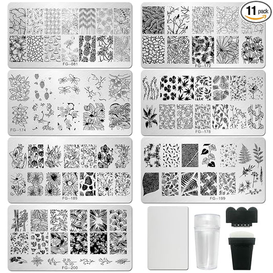 AddFavor Nail Stamper Kit - 7pcs Flower Leaves Stamping Plate with Silicone Stamper and Scraper, Animal Image Nail Stencils, Design Supplies