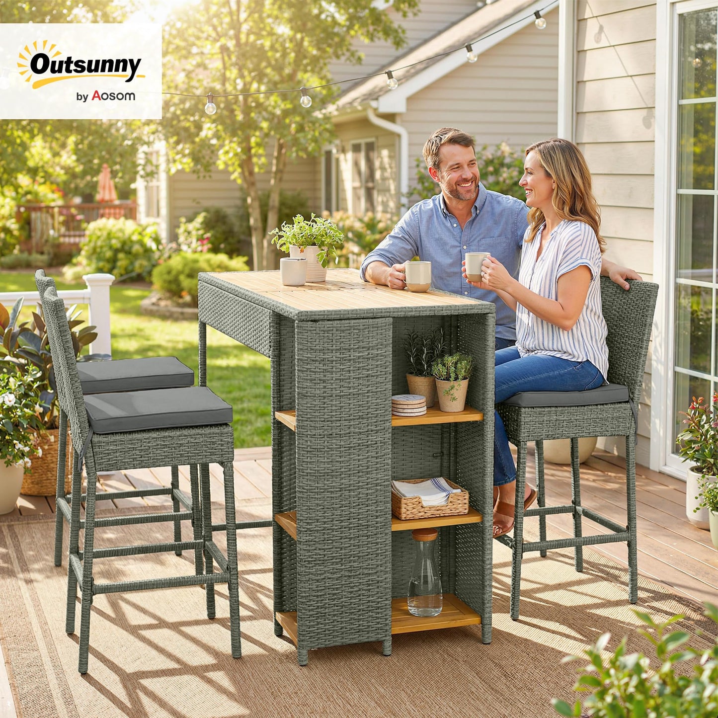 Outsunny 5 Piece Outdoor Bar Set, Wicker Outdoor High Top Table and Chairs, 3 Tier Shelves, Acacia Wood Bar Height Patio Set, 4 Barstools with Cushions, Back, Footrest for Garden, Backyard, Gray