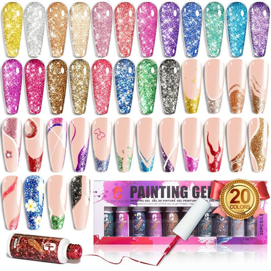Clara Colors Glitter Gel Polish Set for Winter, 20 Color Nail Art Set - Red, Yellow Gel Polish for Swirl, French Tip Painting Designs - Built-In Nail Art Brush