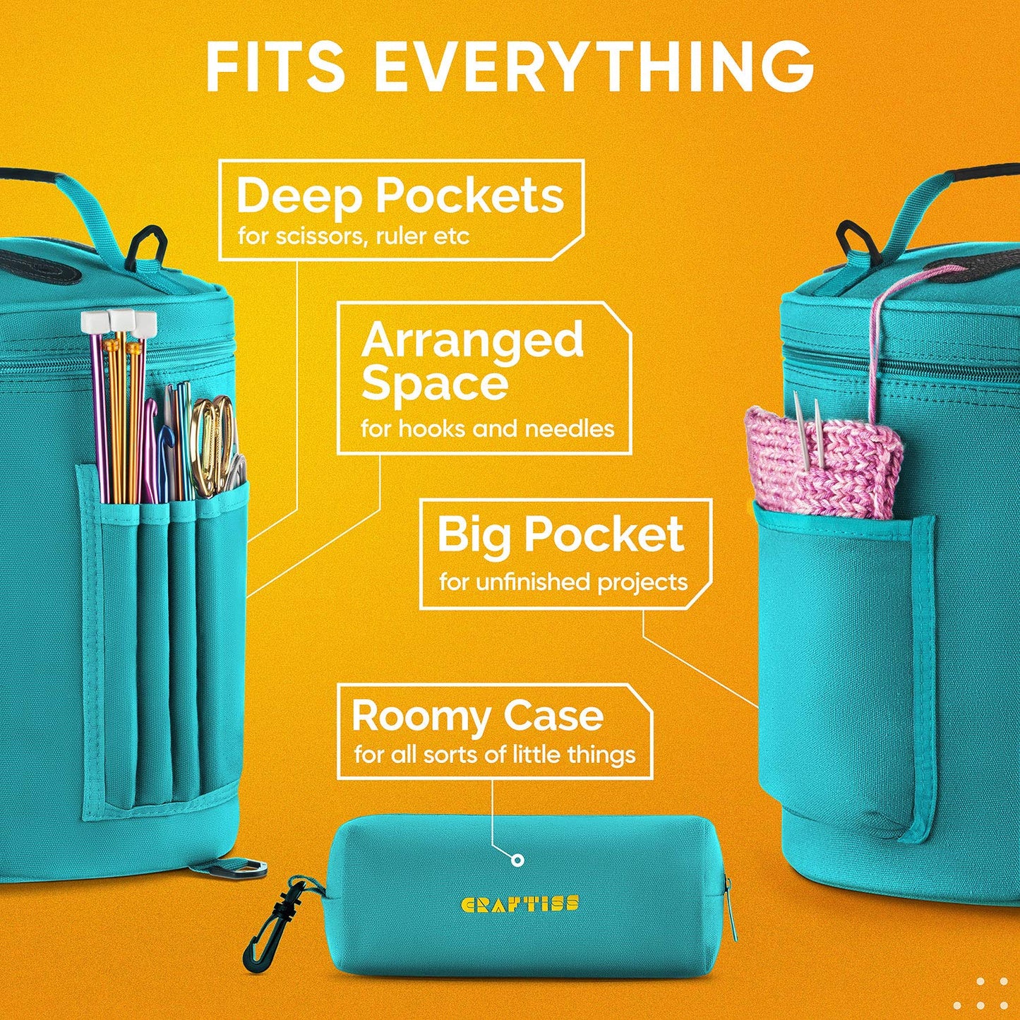 CRAFTISS Crochet Bag Organizer & Yarn Storage Bag, Knitting Bag and Yarn Holder with Removable Divider, Holds Skeins, Hooks, Needles & Accessories, Crochet Gifts for Women (Turquoise)