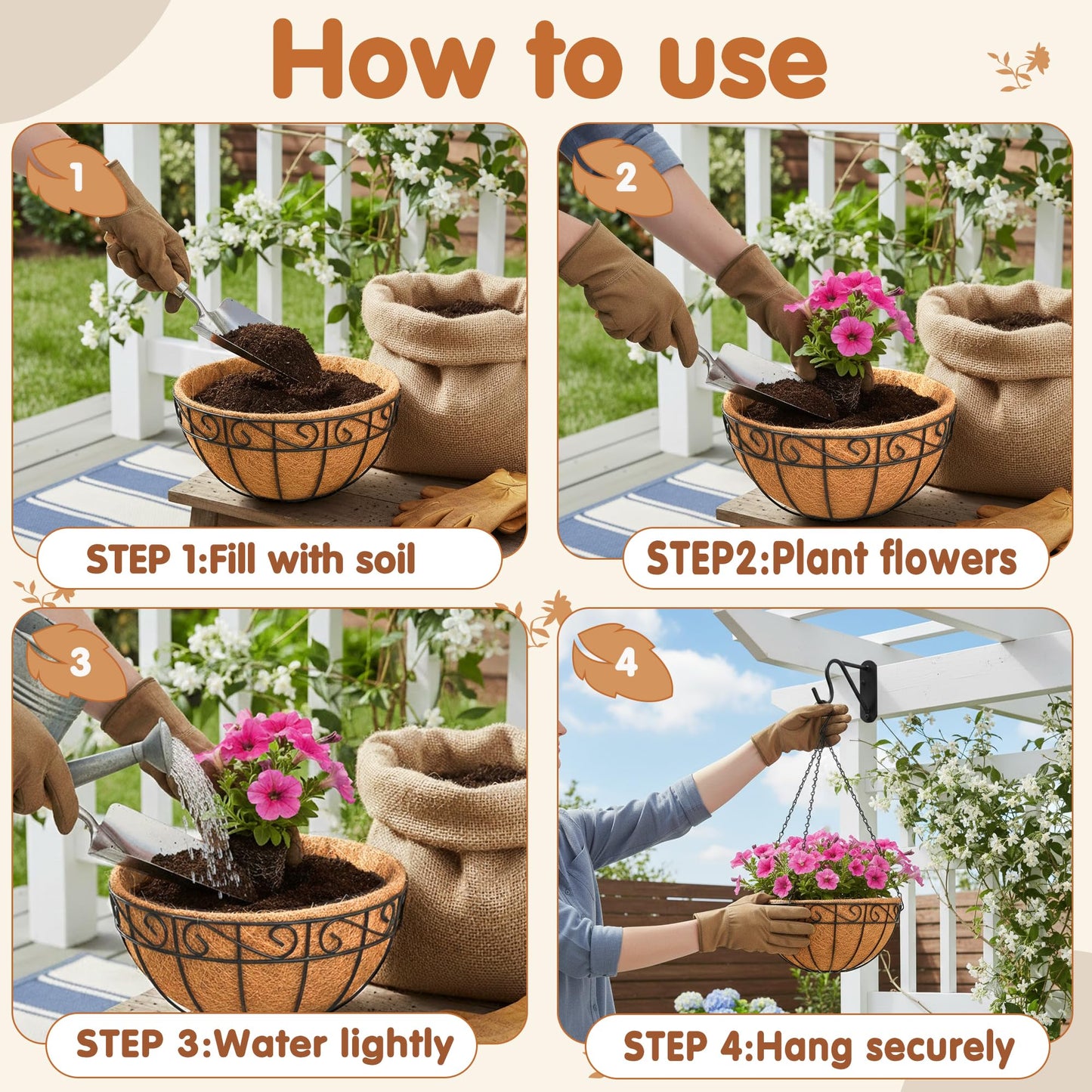 14 inch Metal Hanging Baskets For Plants Outdoor 4 Pack Round Metal Wire Hanging Basket Planter with Coco Fiber Liners Chain Round Wire Plant Holder for Garden, Patio, Deck, Porch Plants Flower Potss