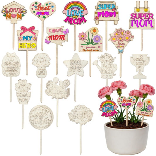 18Pcs Mother's Day Craft Set Mothers Day Gift Tags Wooden Plant Stakes DIY Set with Phrases of Love for Mom Gardening Enthusiasts and Fun Gardening Gifts