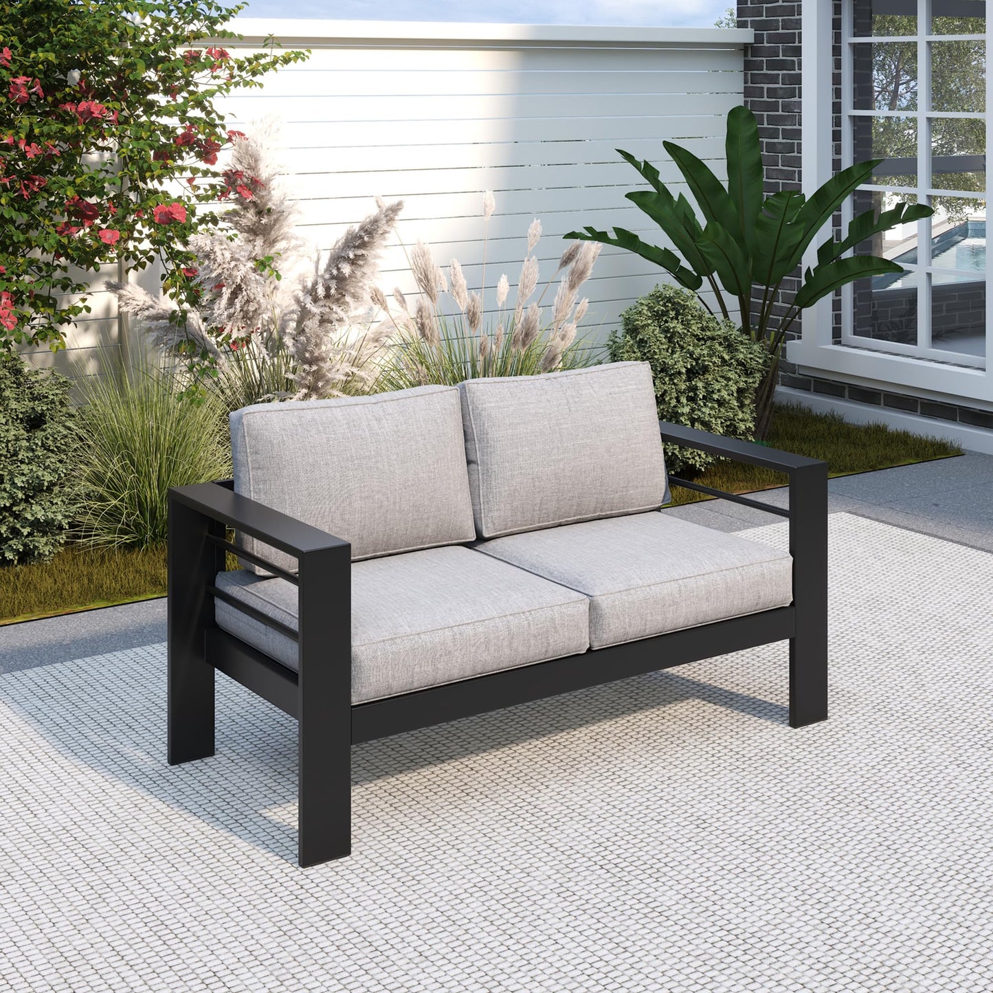 Solaste Aluminum Patio Loveseat, Metal Patio Sofa with Water-Resistant Cushion, Weather-Resistant Modern Outdoor Loveseat, Black Frame Grey Cushion