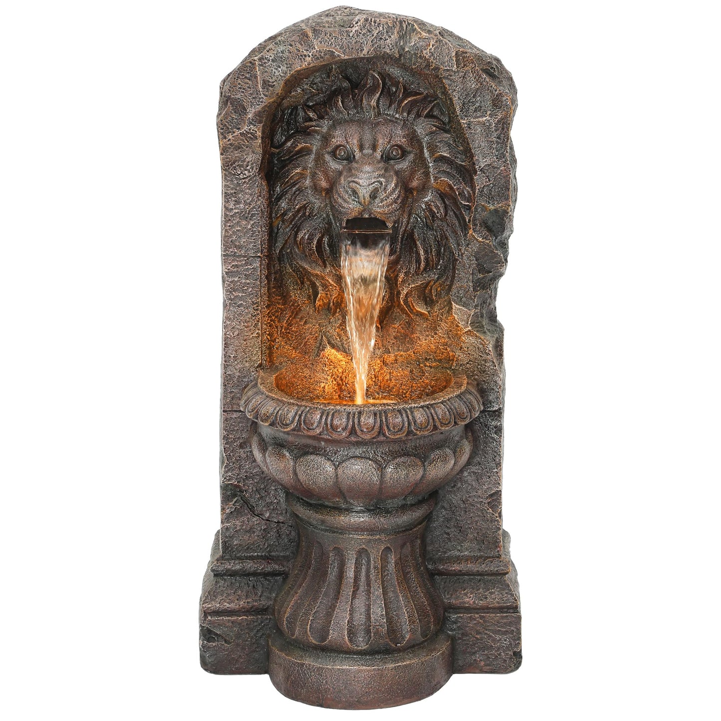 Autodaya 30" Lion Head Outdoor Water Fountain, Rustic Tiered Waterfall Fountain with LED Lights, Weatherproof Resin Freestanding Fountain for Garden, Patio, Yard & Courtyard Decor