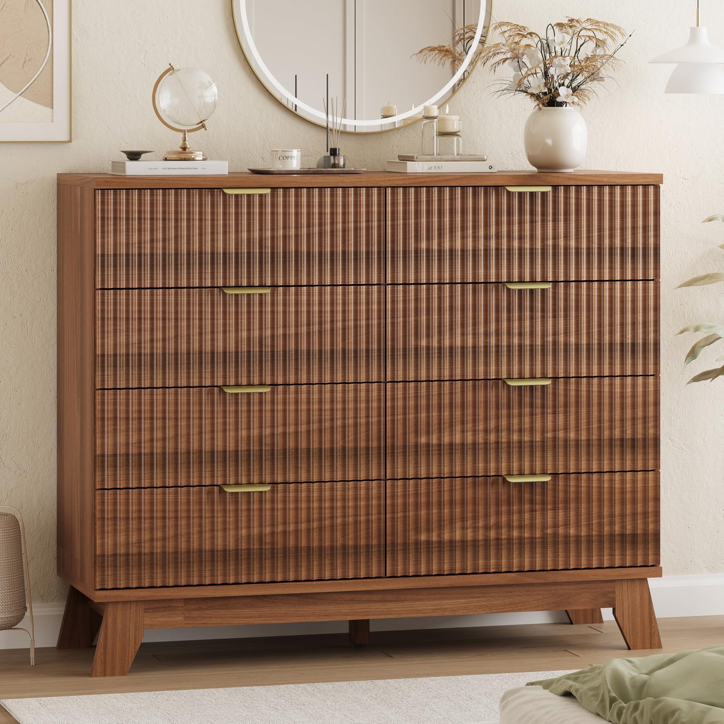Xixini Fluted Dresser for Bedroom with 8 Drawers, 48" Wide Modern Chest of Drawers with Metal Handle, Wooden Dresser TV Stand, Wood Closet Clothes Storage Organizer for Living Room, Hallway, Walnut