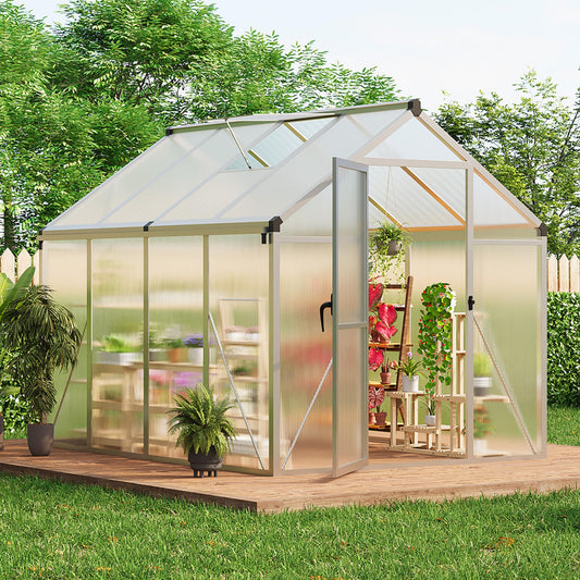 6x8 ft Greenhouse for Outdoors, Polycarbonate Greenhouse with Roof Vent, Ground Nails, Lockable Push Door, Aluminum Large Walk-in Green House for Outside Garden Backyard, Patio, Lawn, Silver