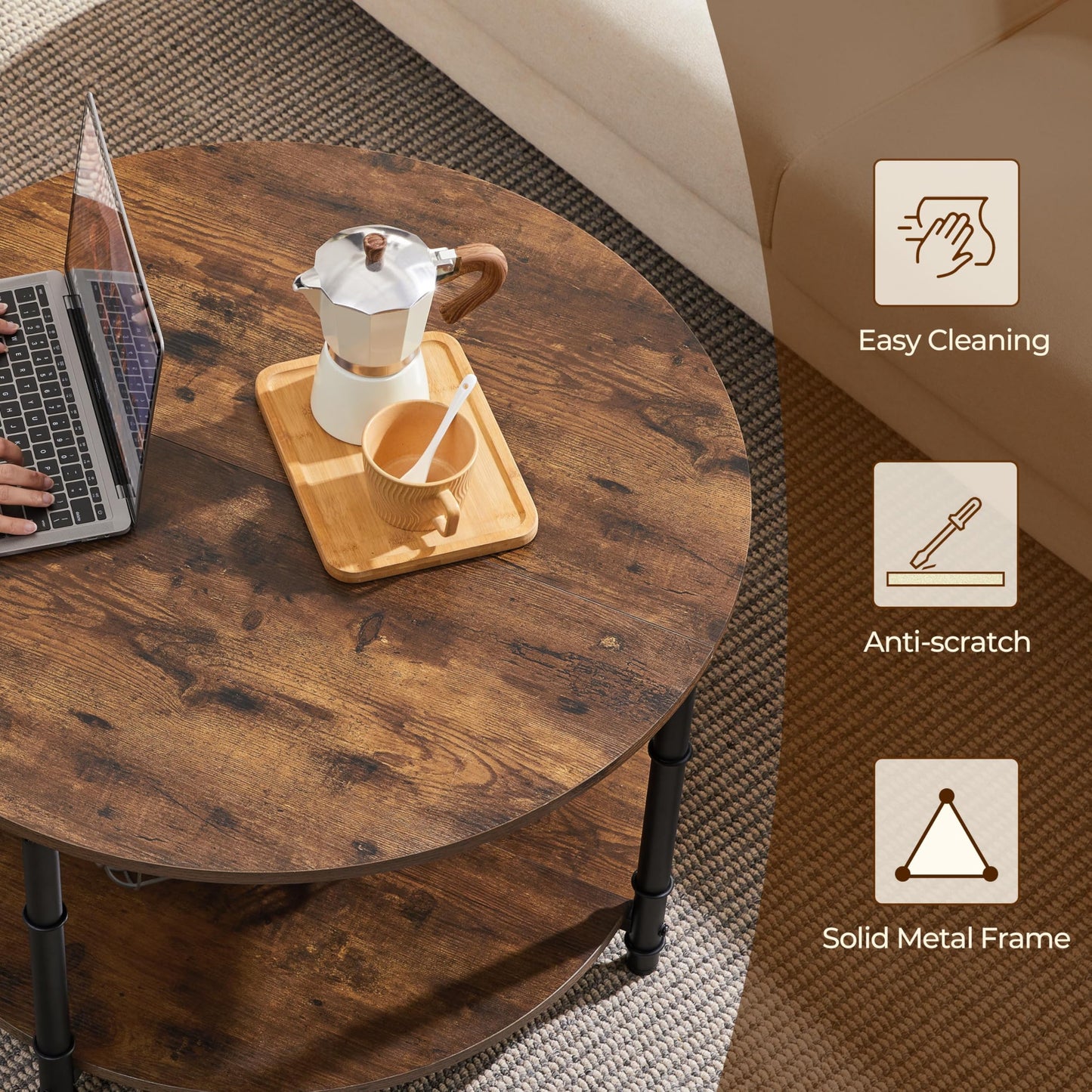 Yaheetech Round Coffee Table, 2 Tier Coffee Table with Storage, Modern Center Tables for Living Room, Easy to Assemble, 35.5 x 18 Inches Rustic