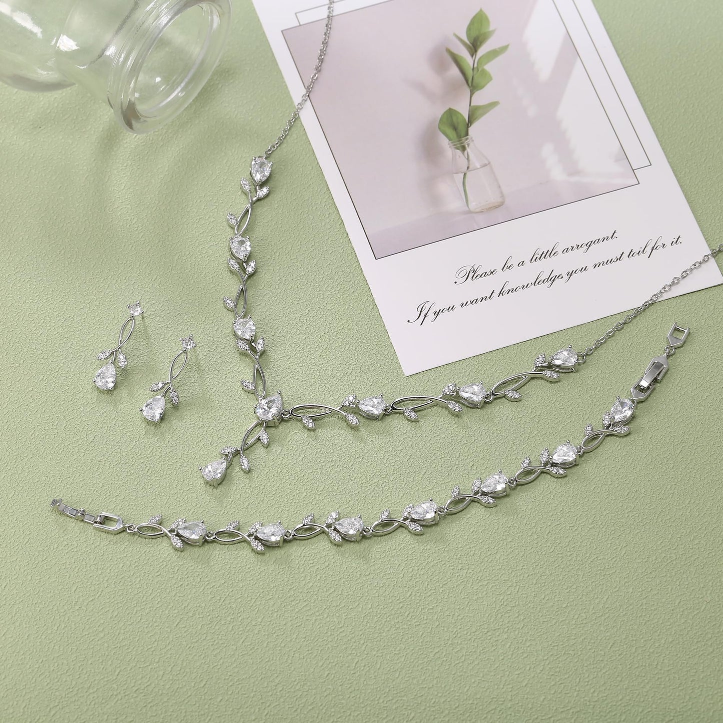 EVER FAITH Wedding Jewelry Set for Bride Bridesmaid, White-Gold-Plated-Brass Teardrop Cubic Zirconia Leaf Vine Bridal Prom Necklace Dangle Earrings Bracelet Sets for Women